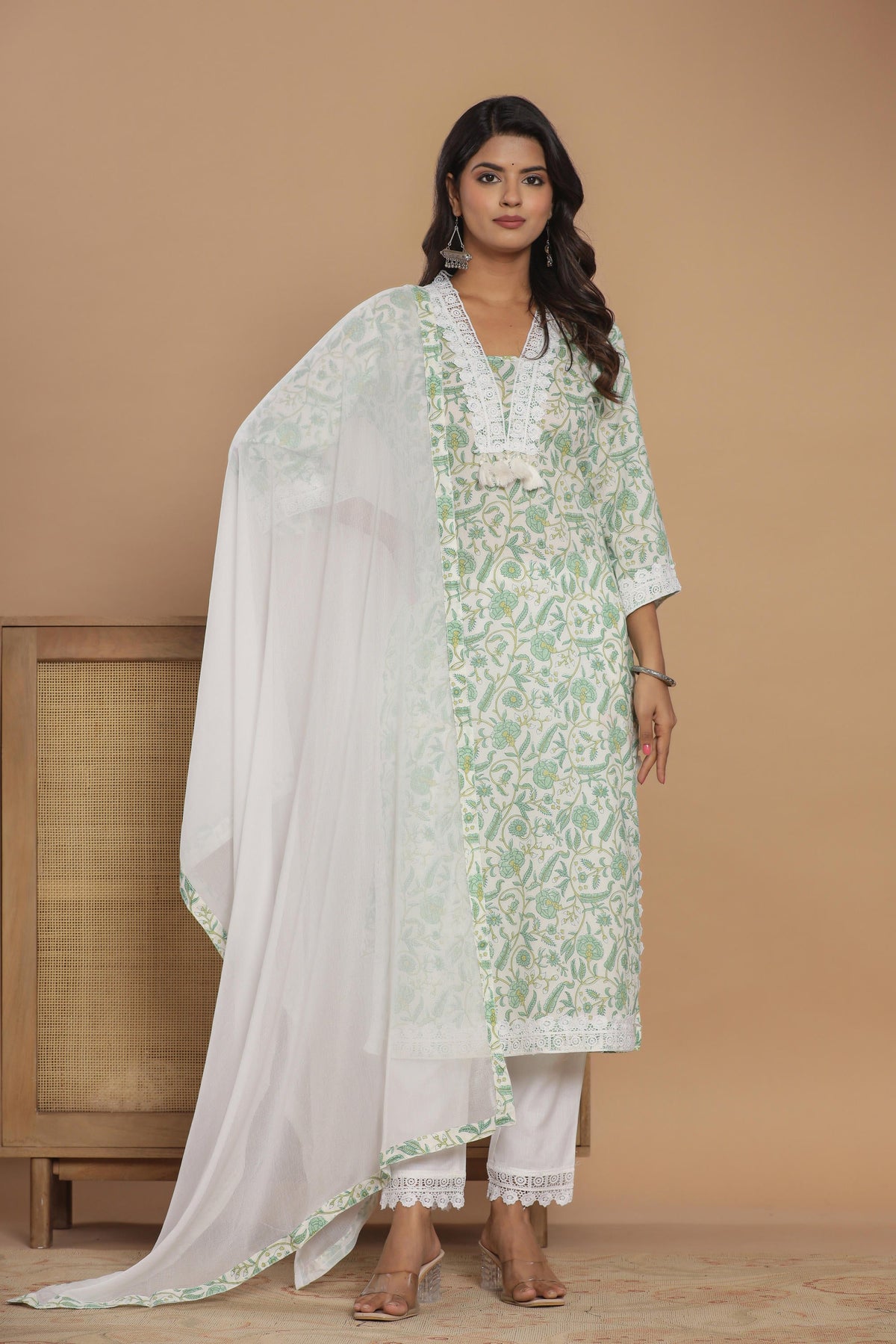 White Jaipuri Print Kurti Pant Dupatta Set