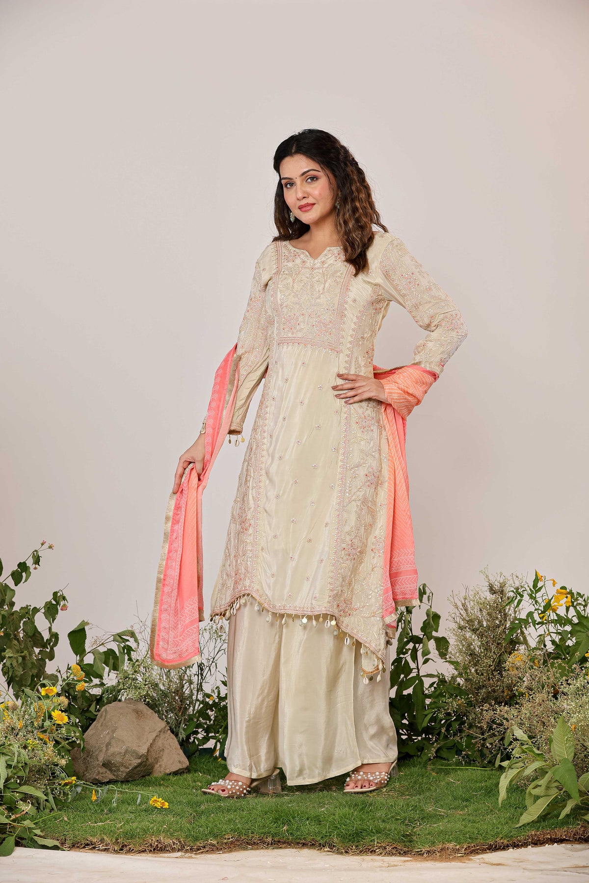 Elegant Pastel Chinnon Printed Kurti Set with Dupatta