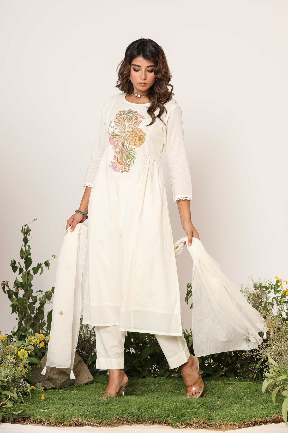 Ethereal Three Piece Kurti Set in Cream
