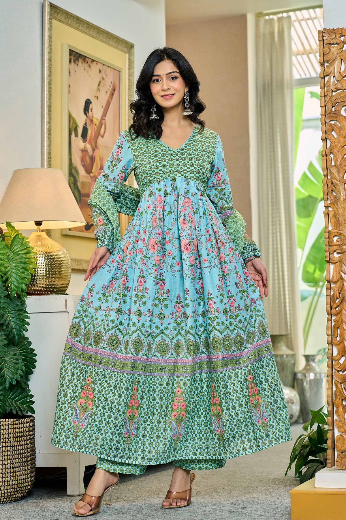 anarkali dress for women in pastel aqua blue