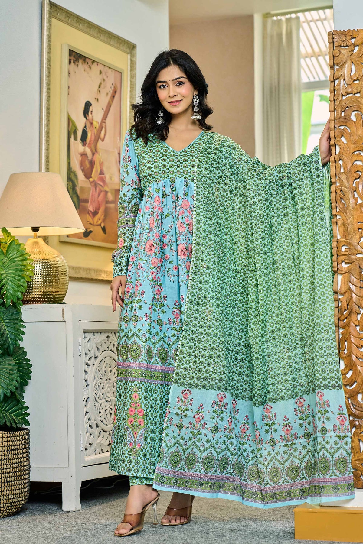 anarkali dress for women in pastel aqua blue