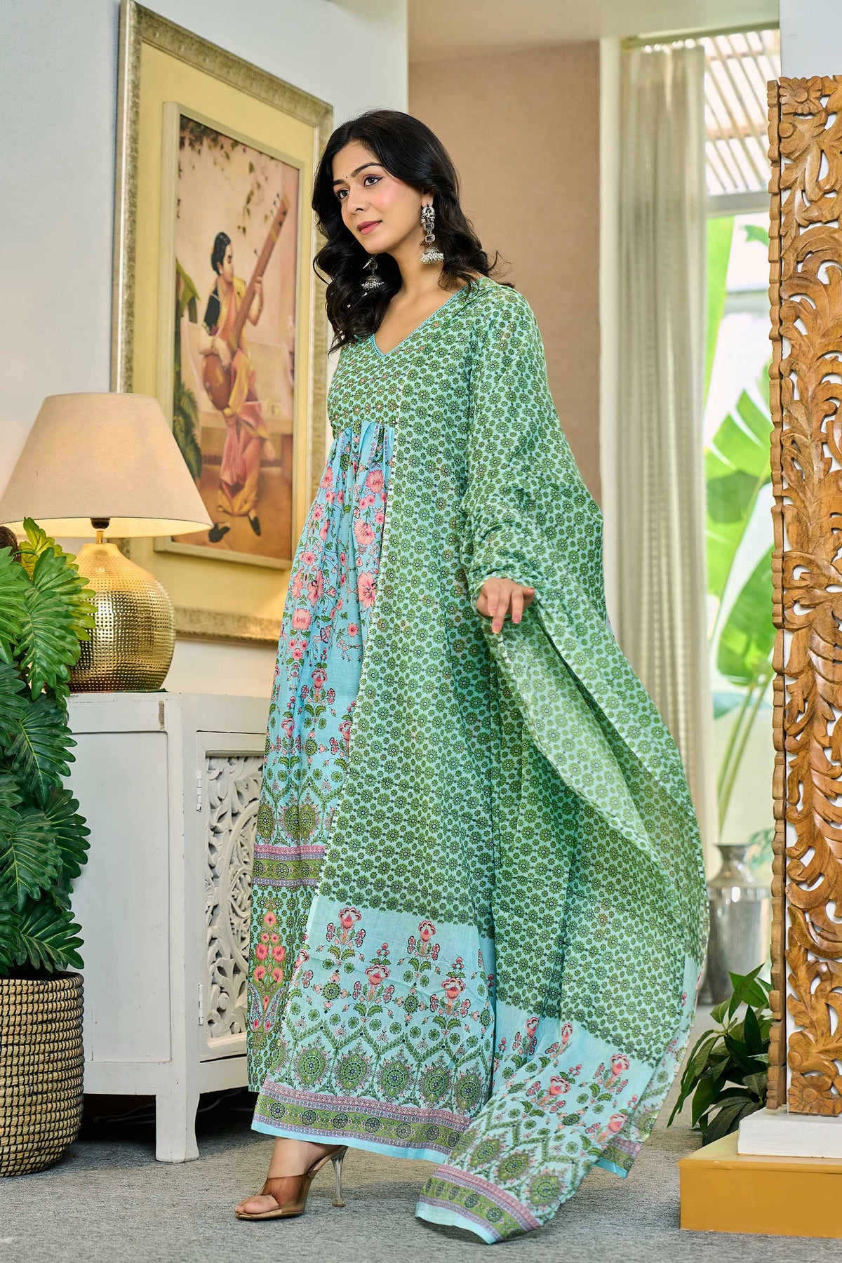 anarkali dress for women in pastel aqua blue