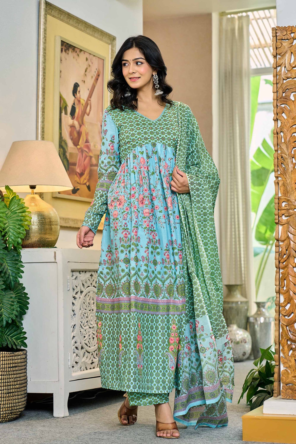 anarkali dress for women in pastel aqua blue