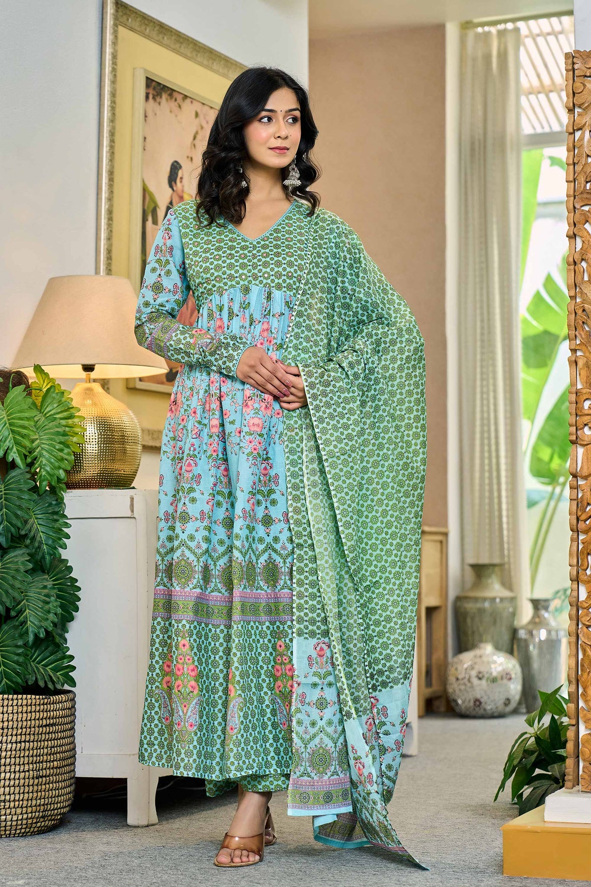 anarkali dress for women in pastel aqua blue