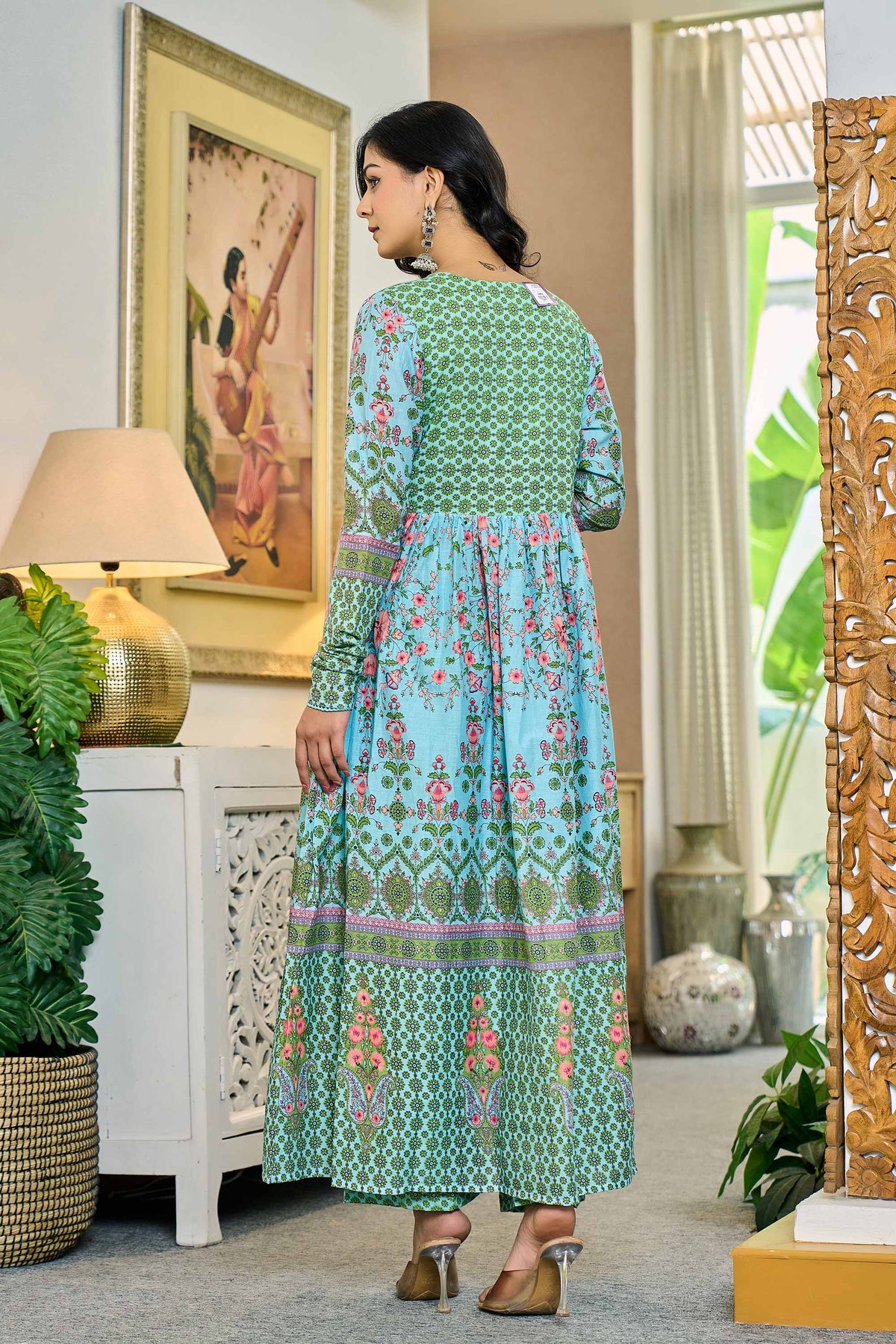 anarkali dress for women in pastel aqua blue