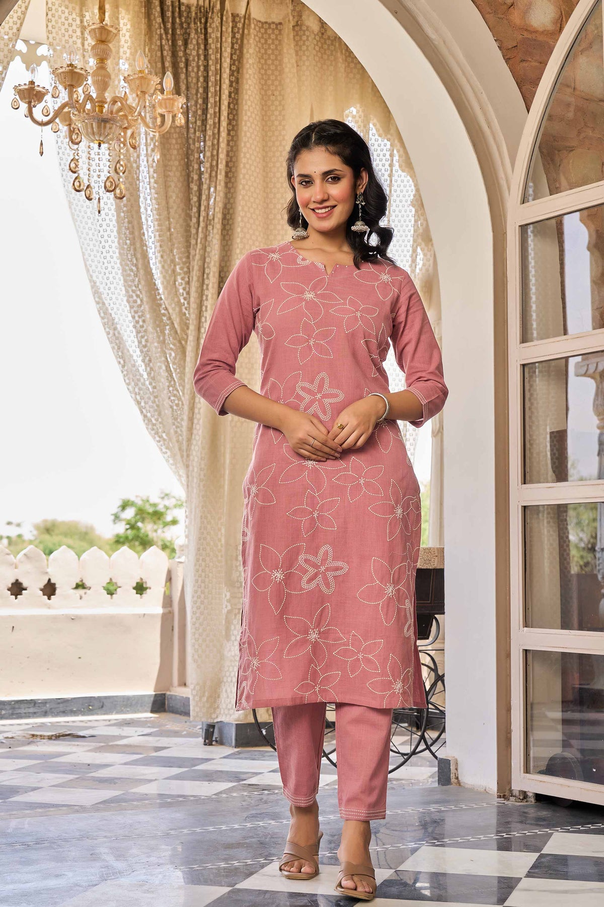 kurti set for women in dusty rose pink