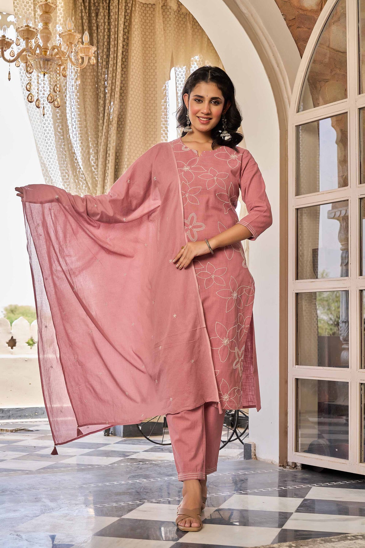 kurti set for women in dusty rose pink