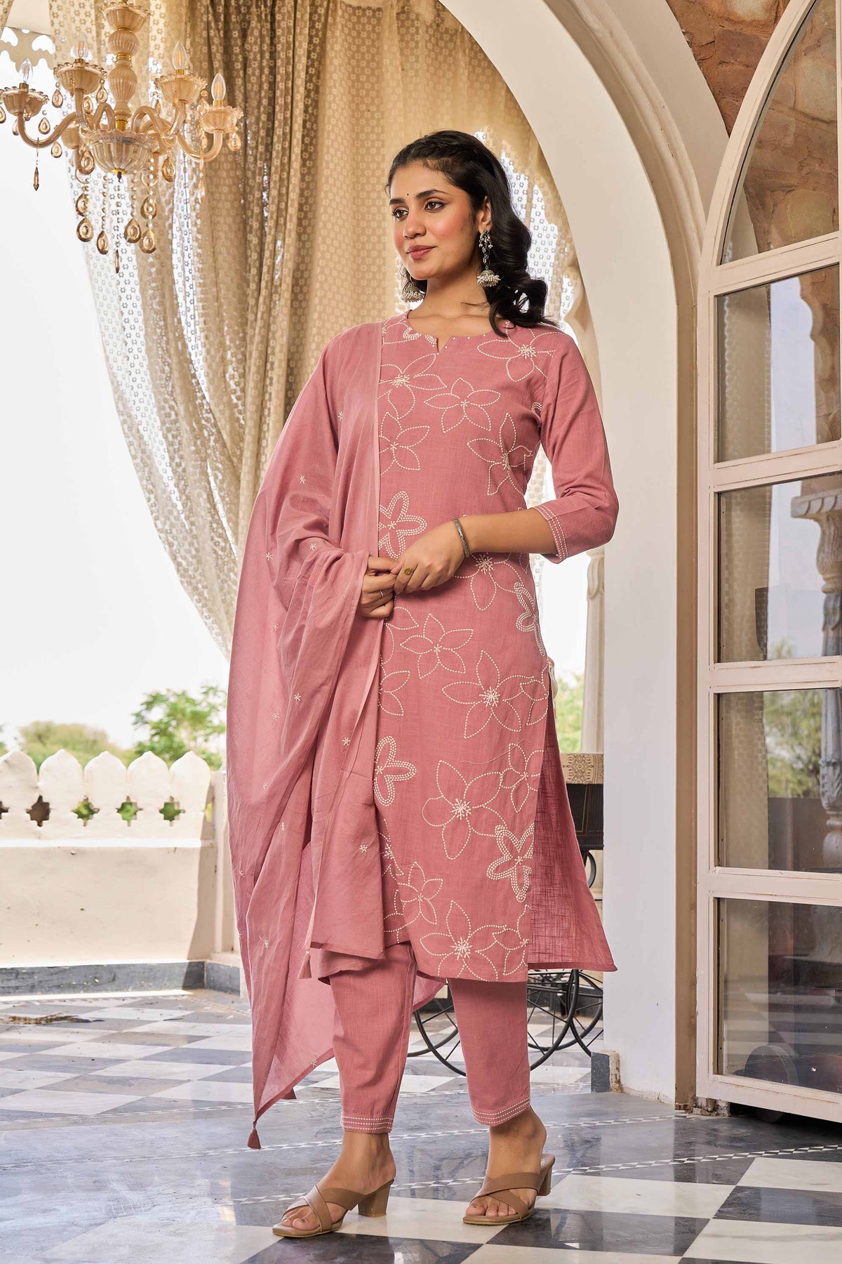 kurti set for women in dusty rose pink