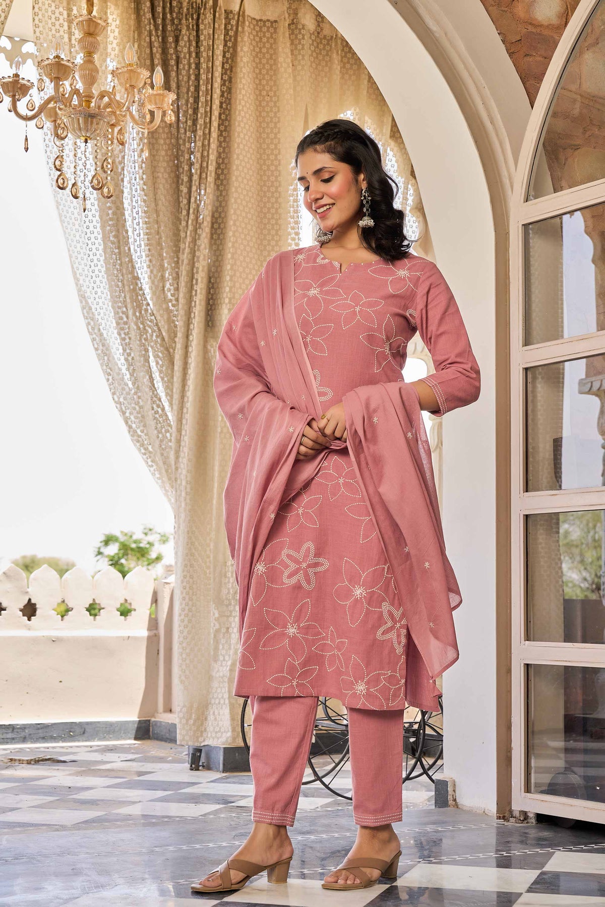 kurti set for women in dusty rose pink