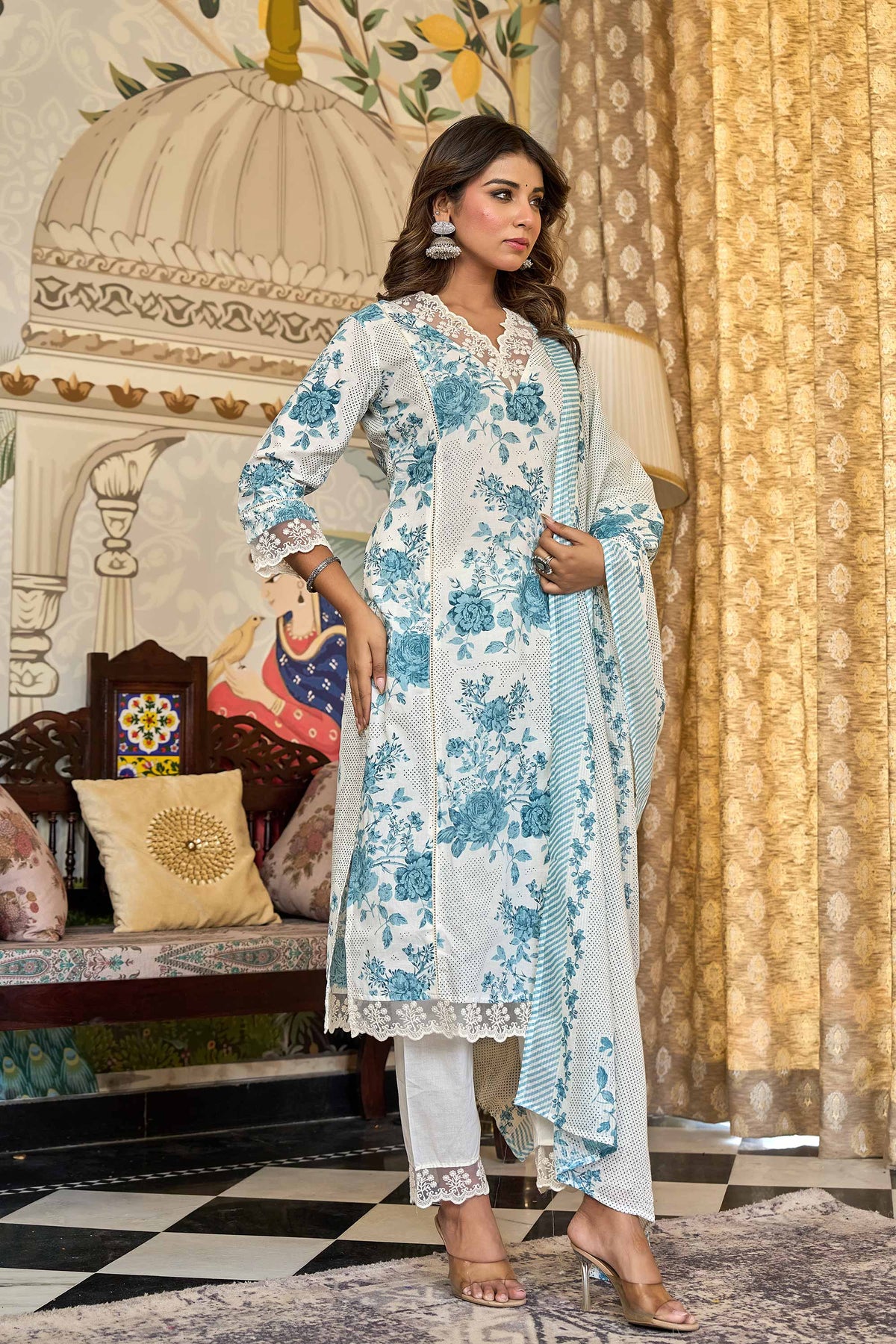kurti set for women in turquoise blue
