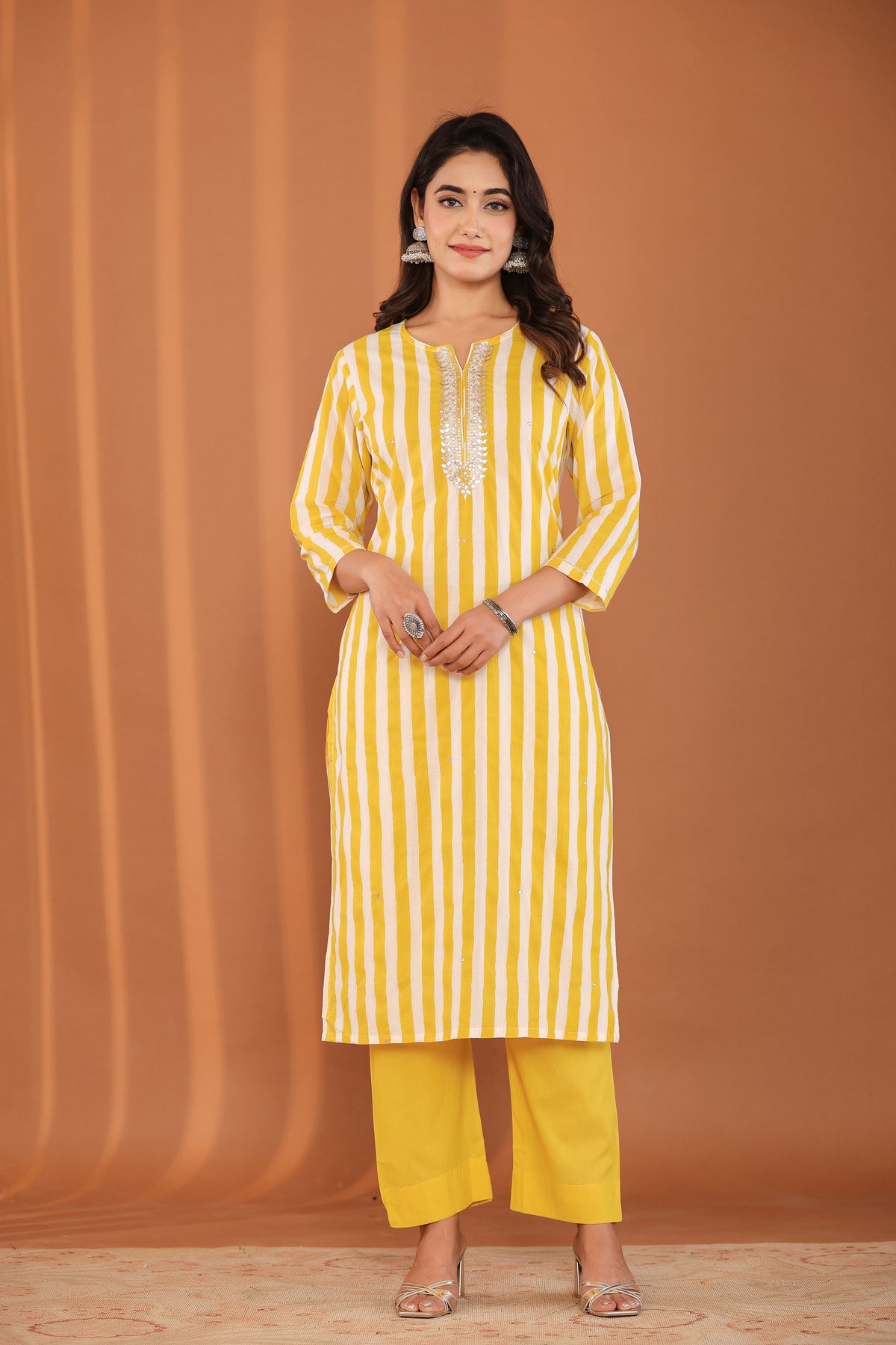 kurti set for women gotta patti in yellow