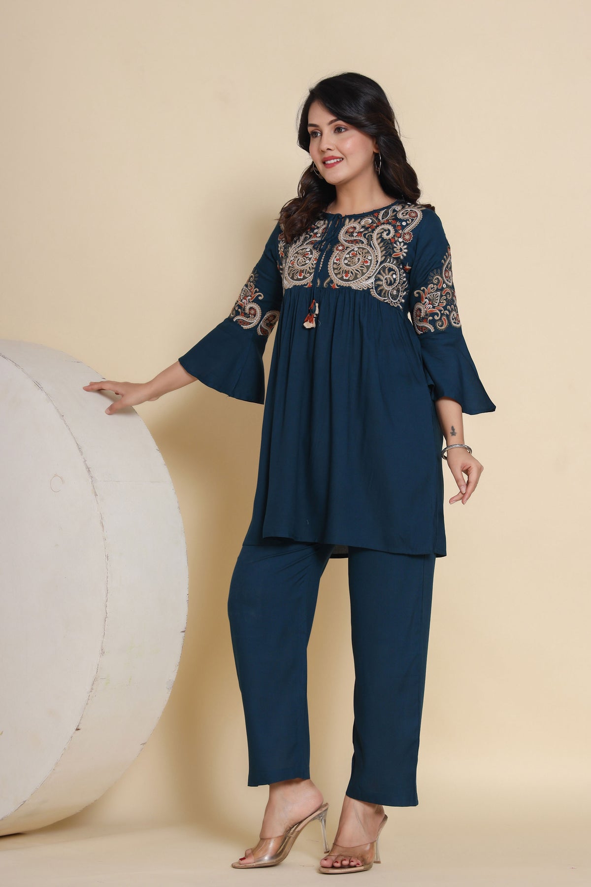 co-ord set for women thread work in dark green