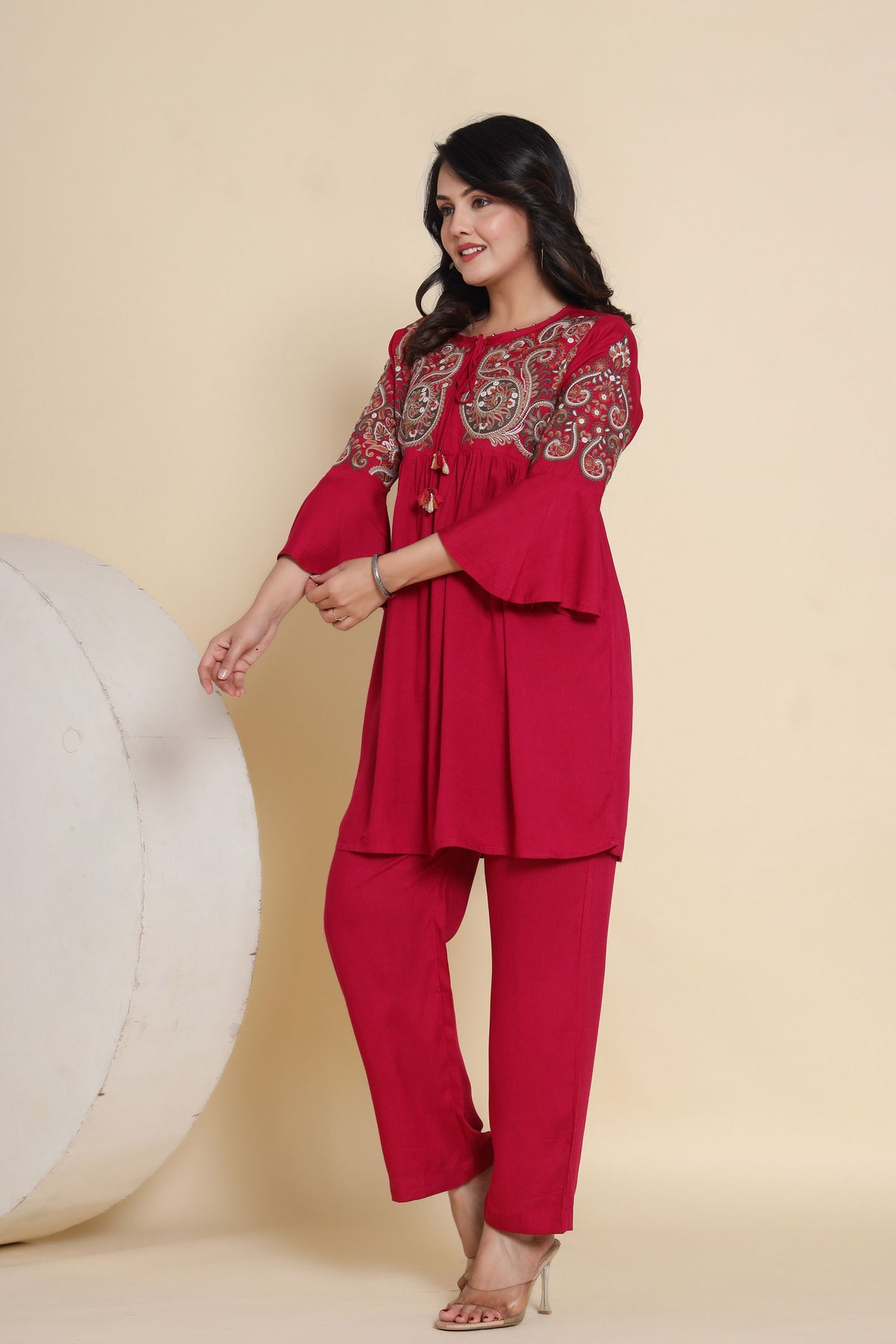 co-ord set for women thread work in dark pink