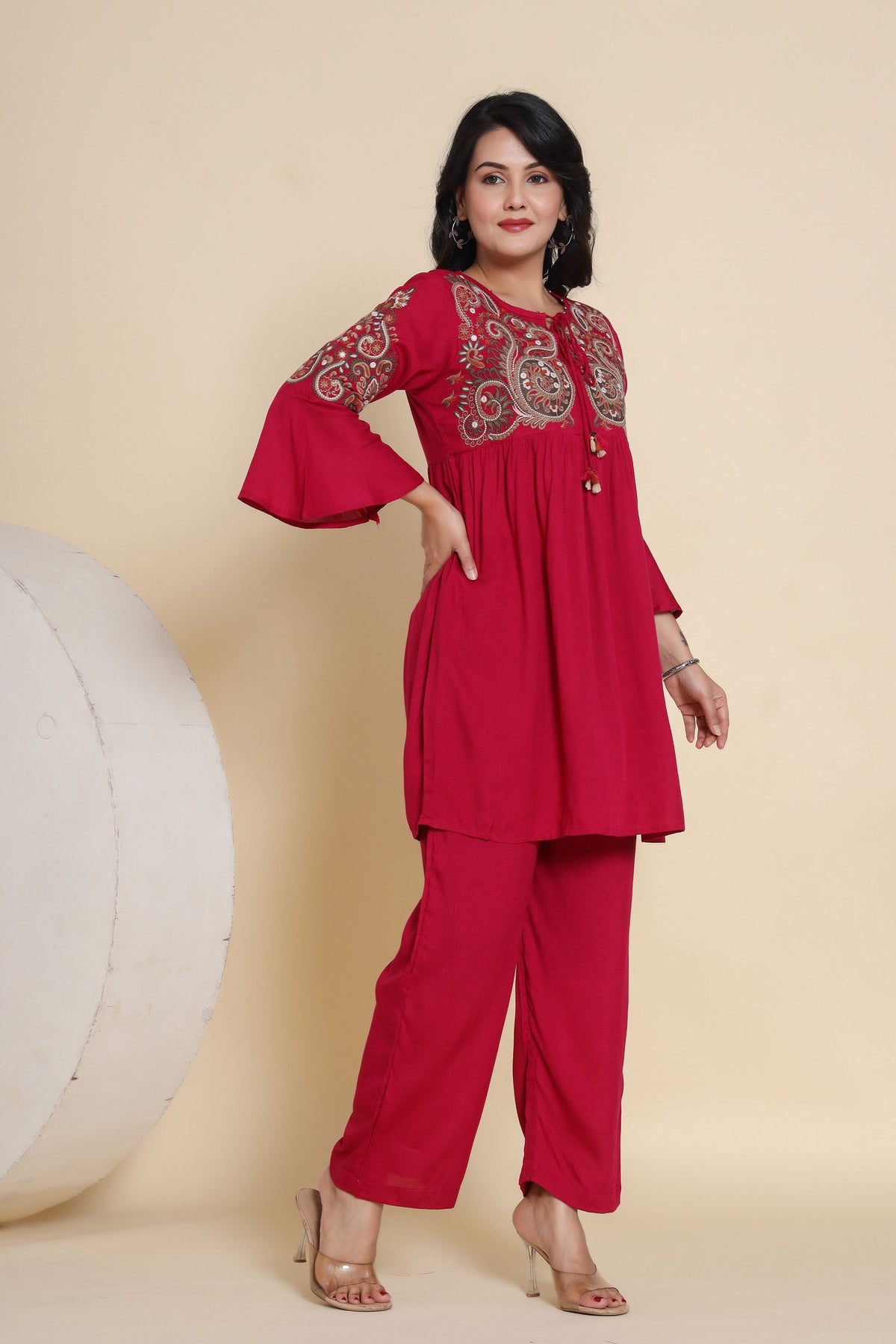 co-ord set for women thread work in dark pink