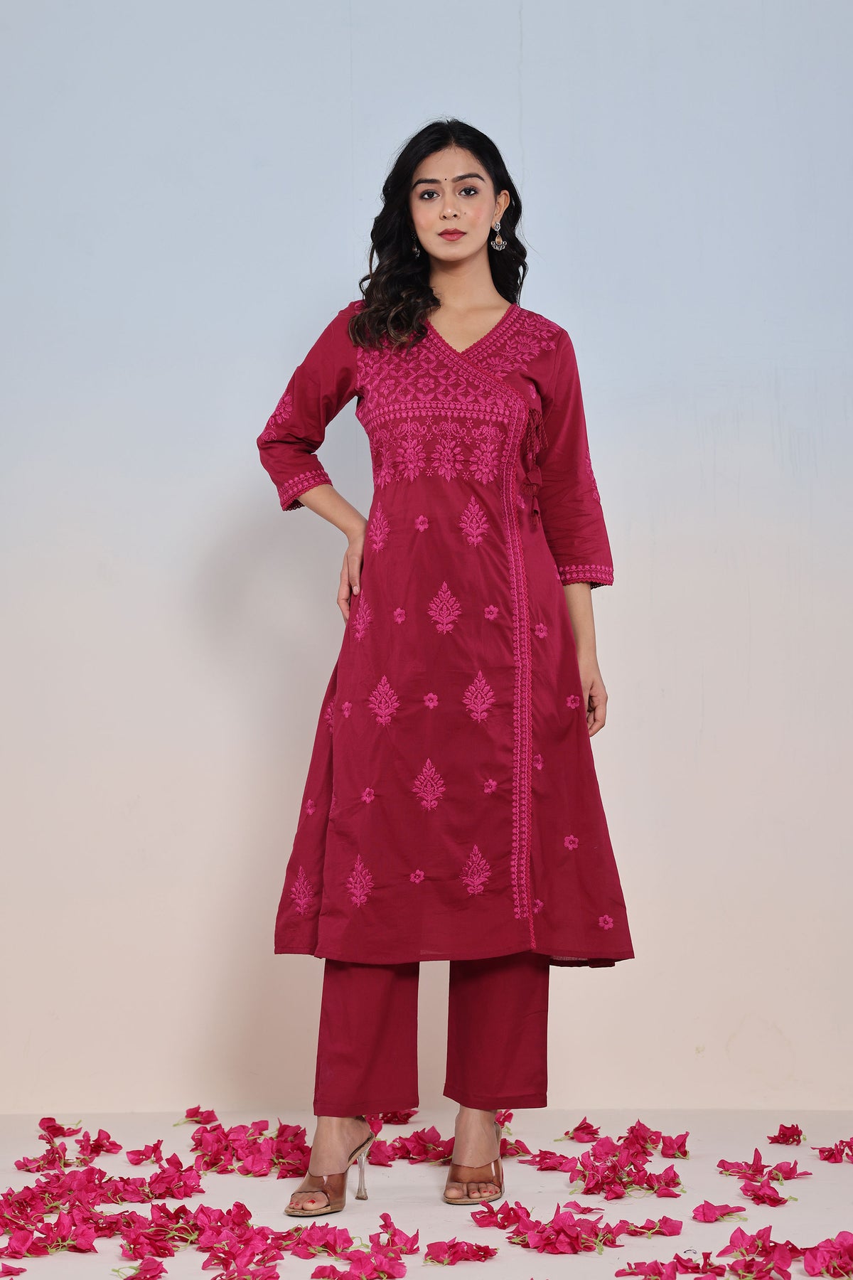 kurti set for women cotton dark pink