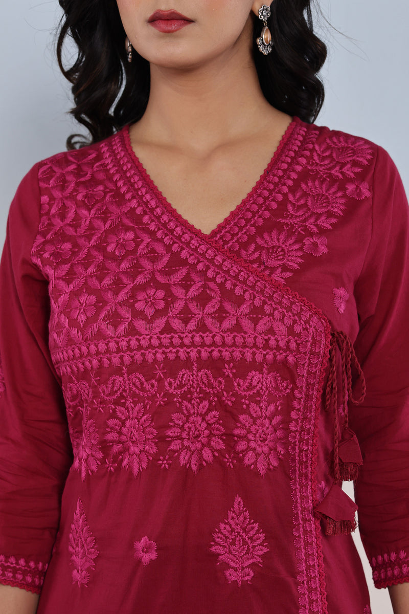 kurti set for women cotton dark pink