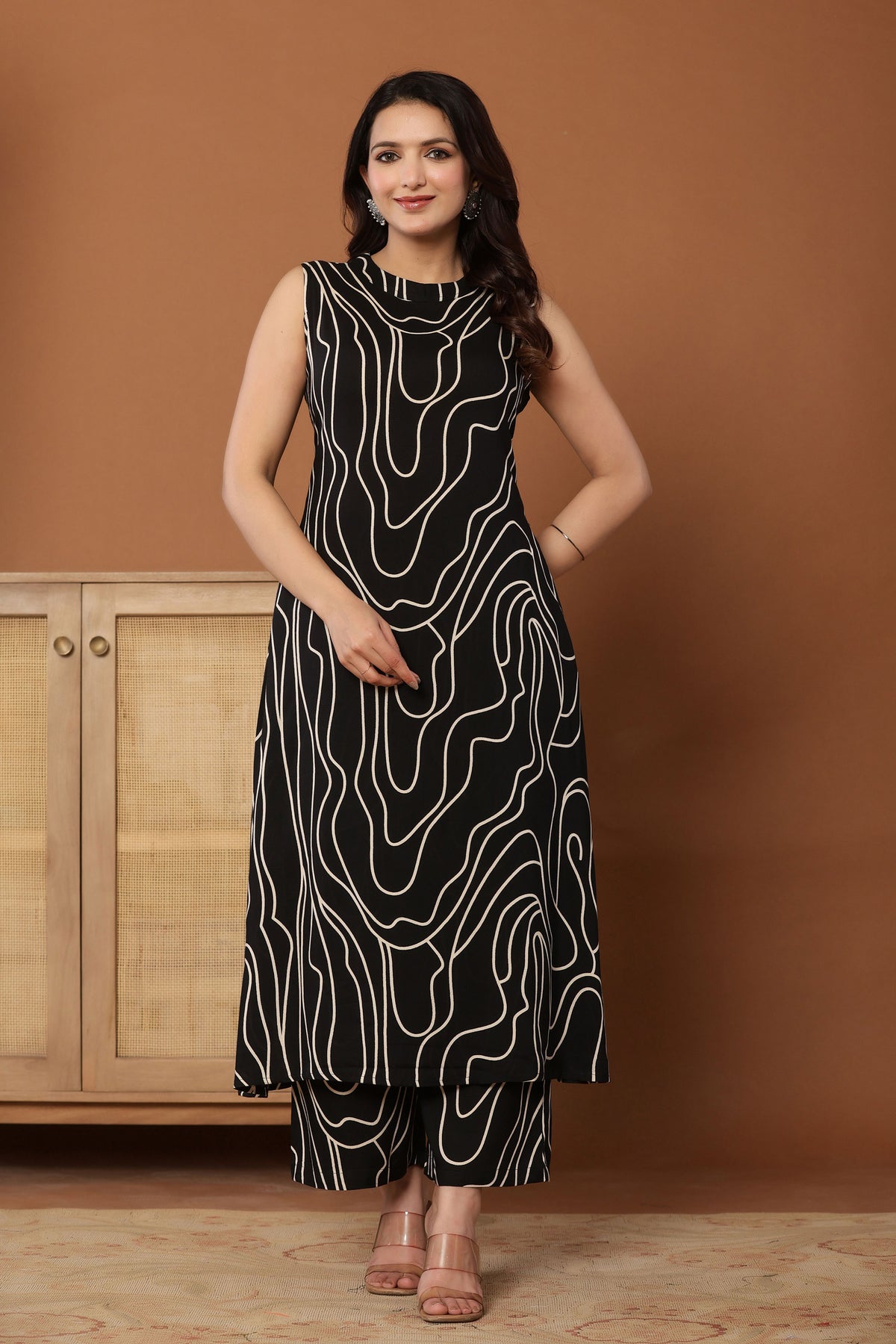 Black Printed Rayon A-Line Co-Ord Set