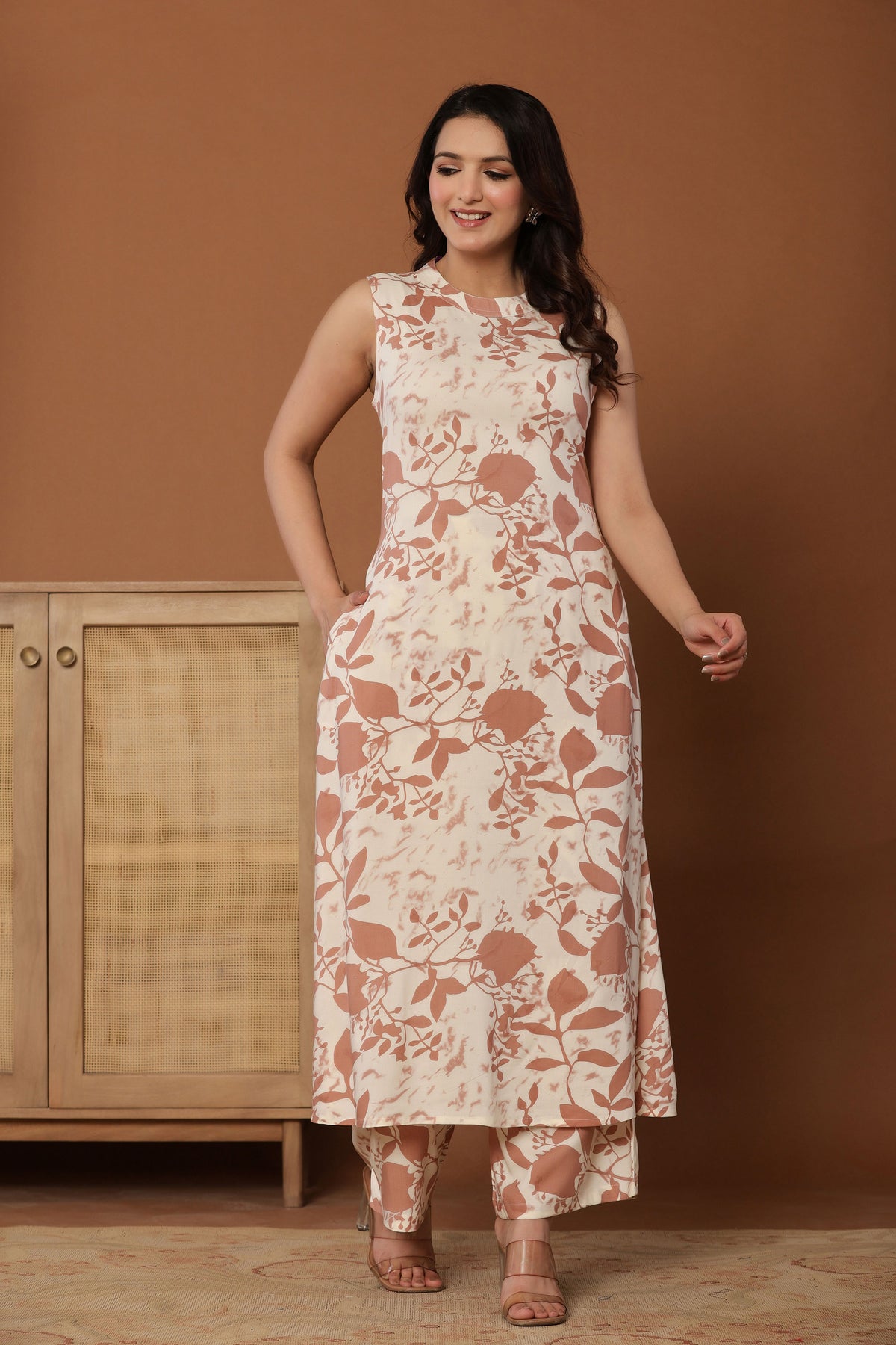 Cream Rayon Printed A-Line Co-Ord Set
