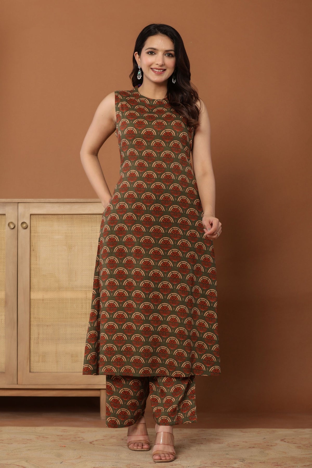 Green Rayon Printed A-Line Cut Co-Ord Set
