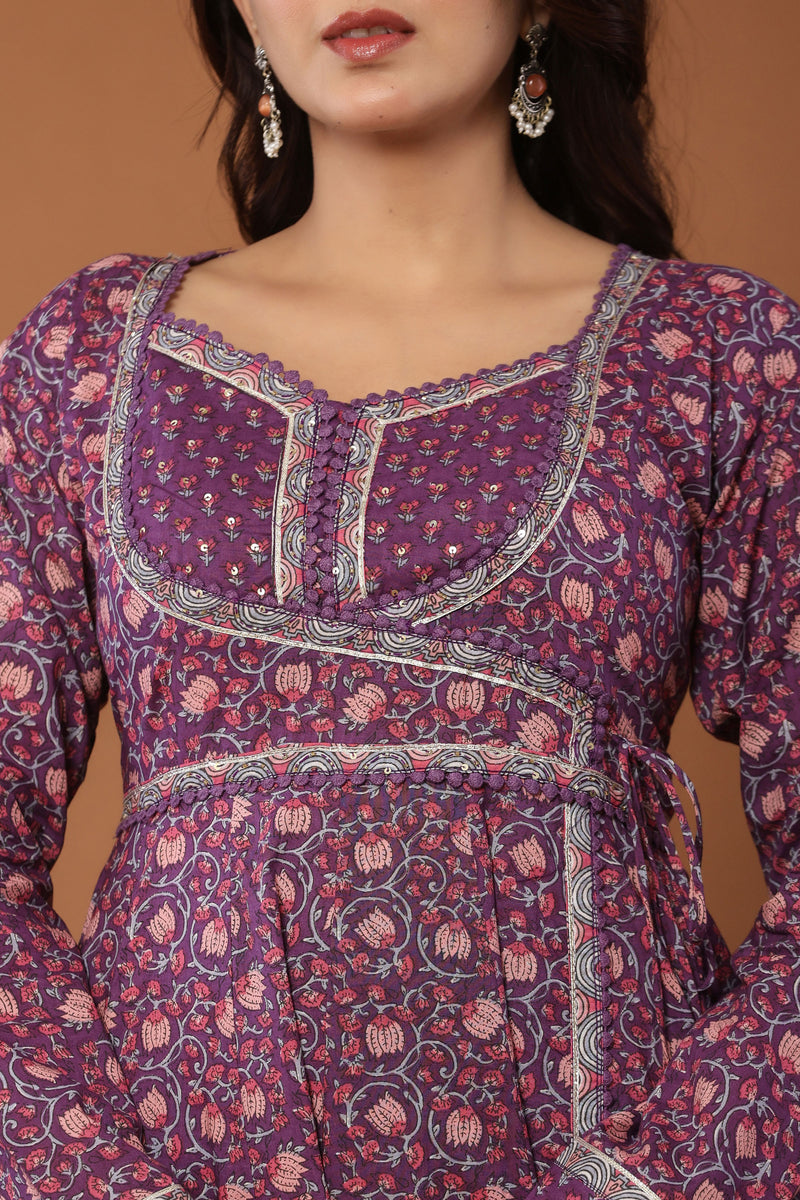anarkali dress for women block print in purple