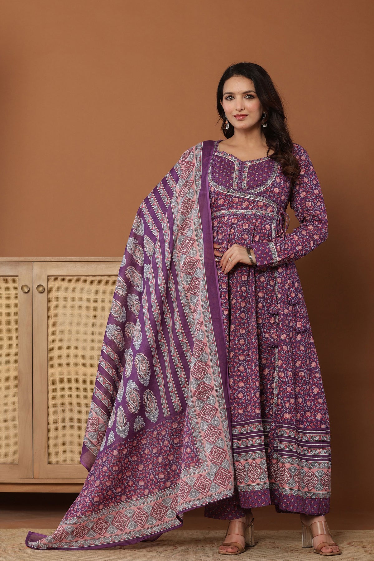 anarkali dress for women block print in purple