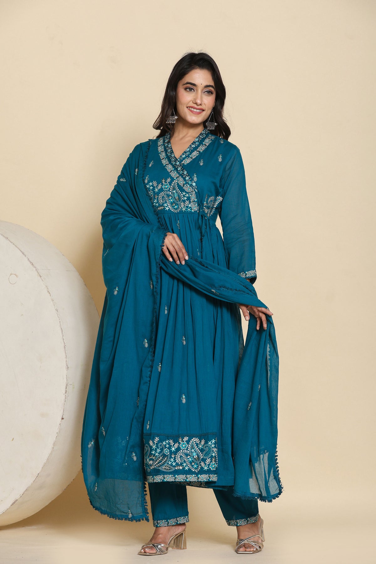 Indigo Cotton Angrakha & Thread Work Anarkali Kurti Set