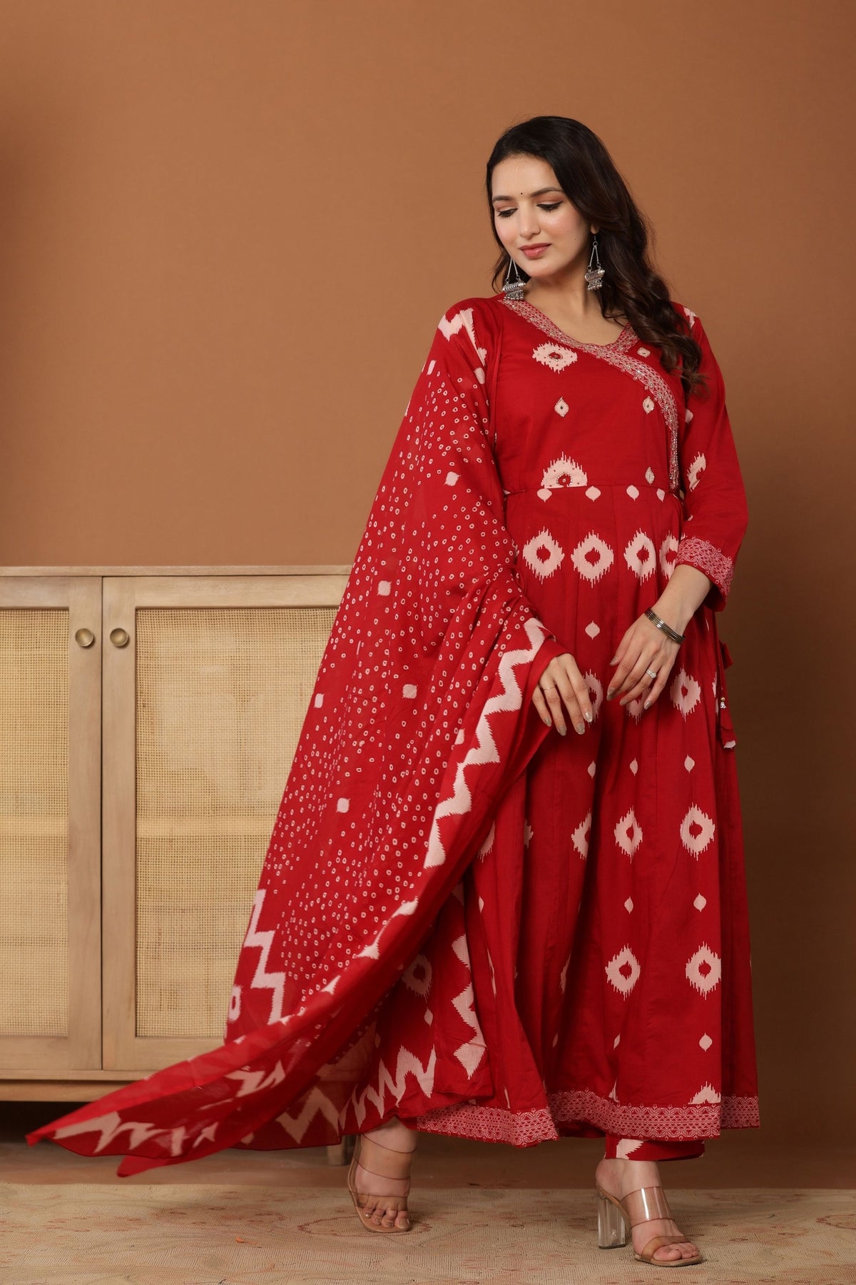 anarkali dress for women kardana work in red