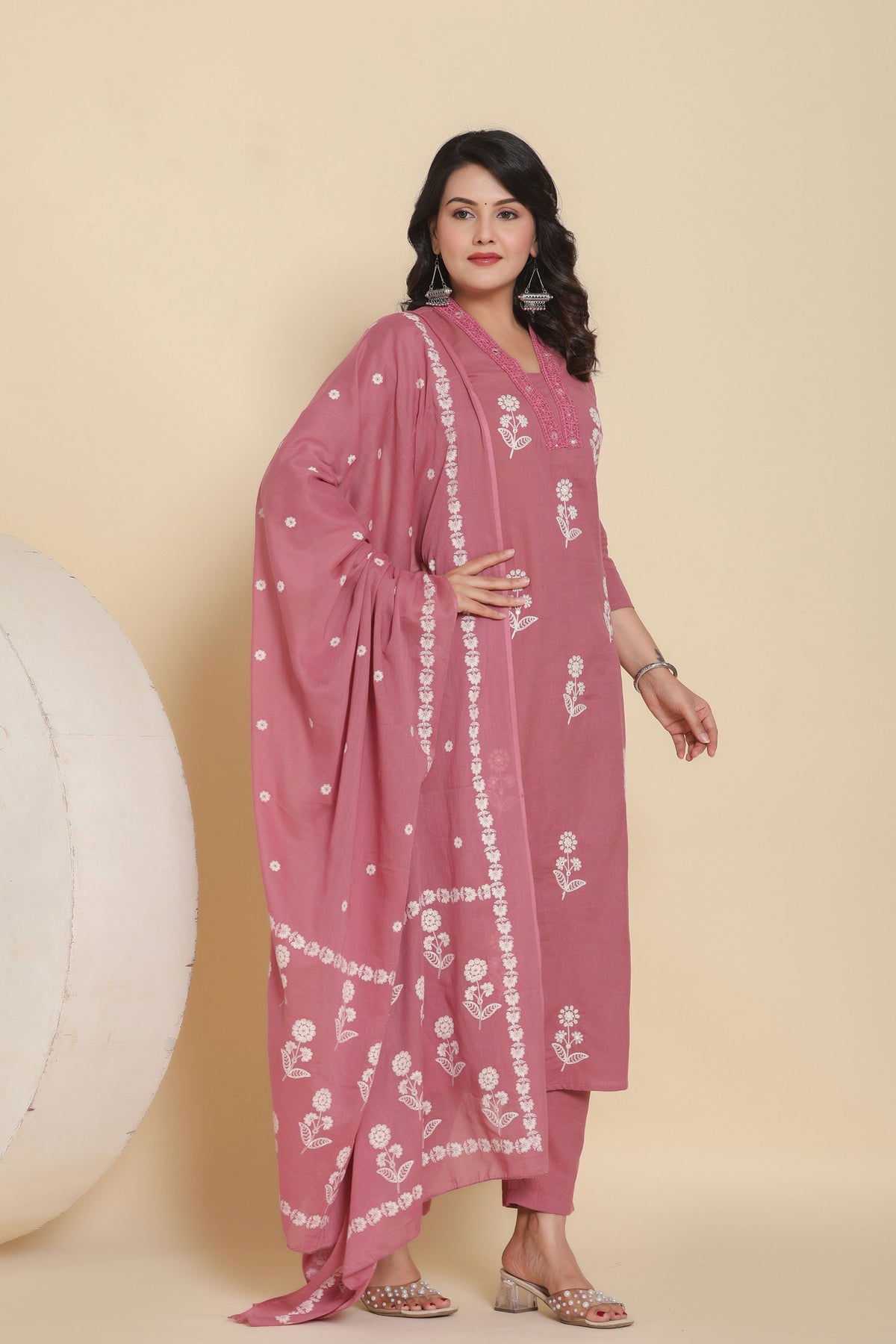 Pink Cotton Thread Work Kurti Set