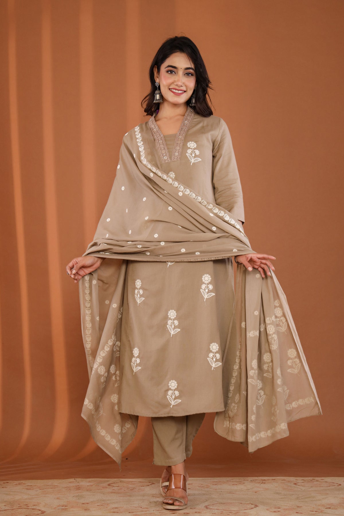 Sand Color Thread Work Kurti Set