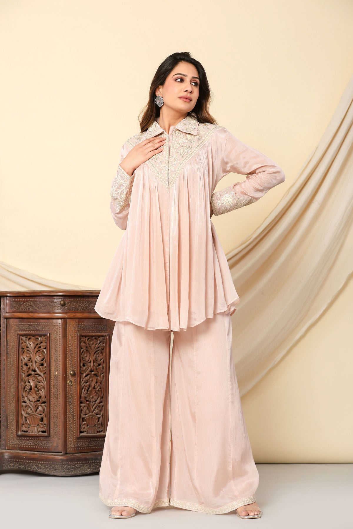 Pink Chinon Co-Ord Set With Kardana Work