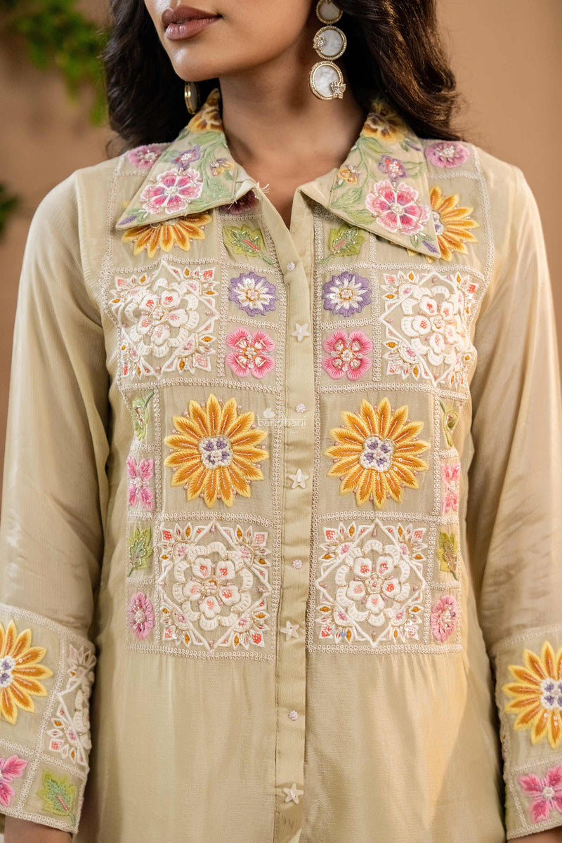 Beige embroidered co-ord set with colorful floral patterns for women