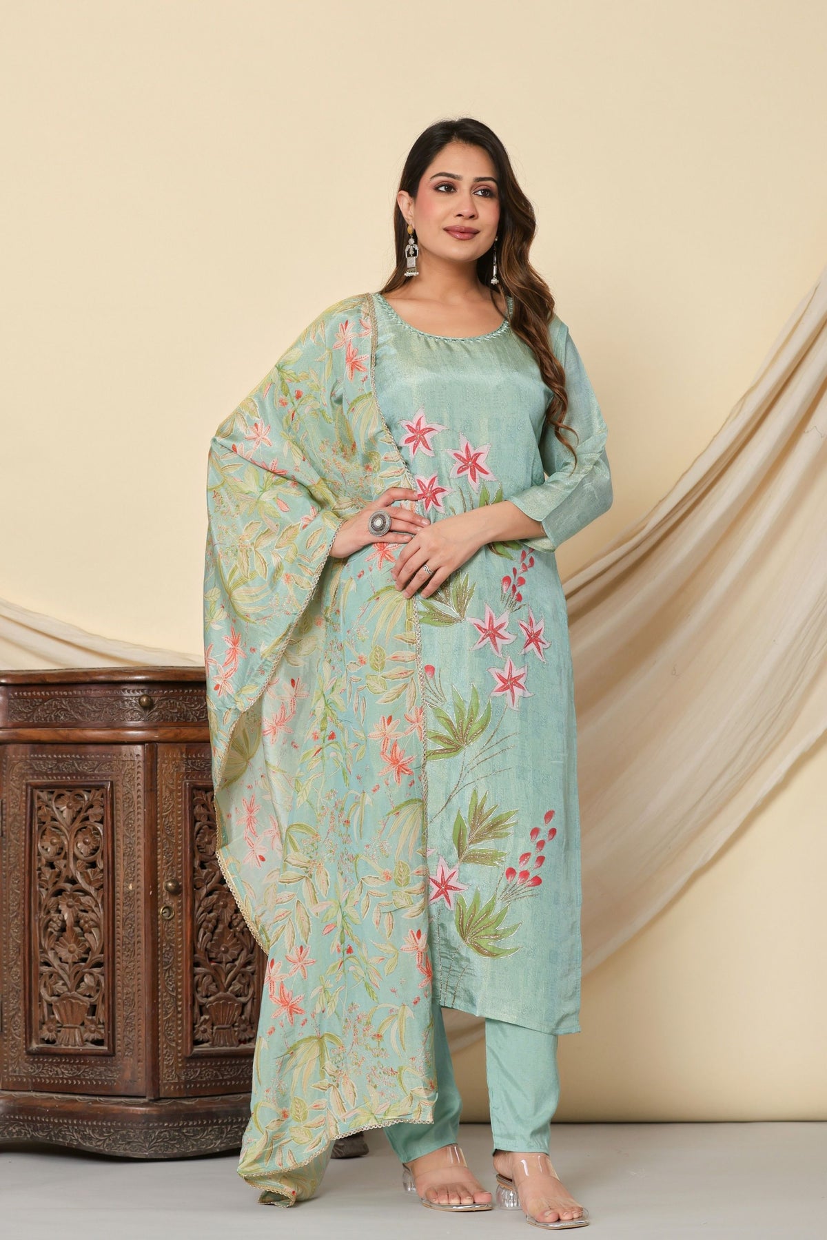 Sea Green Straight Cut Kurti Set with Hand Print Neckline