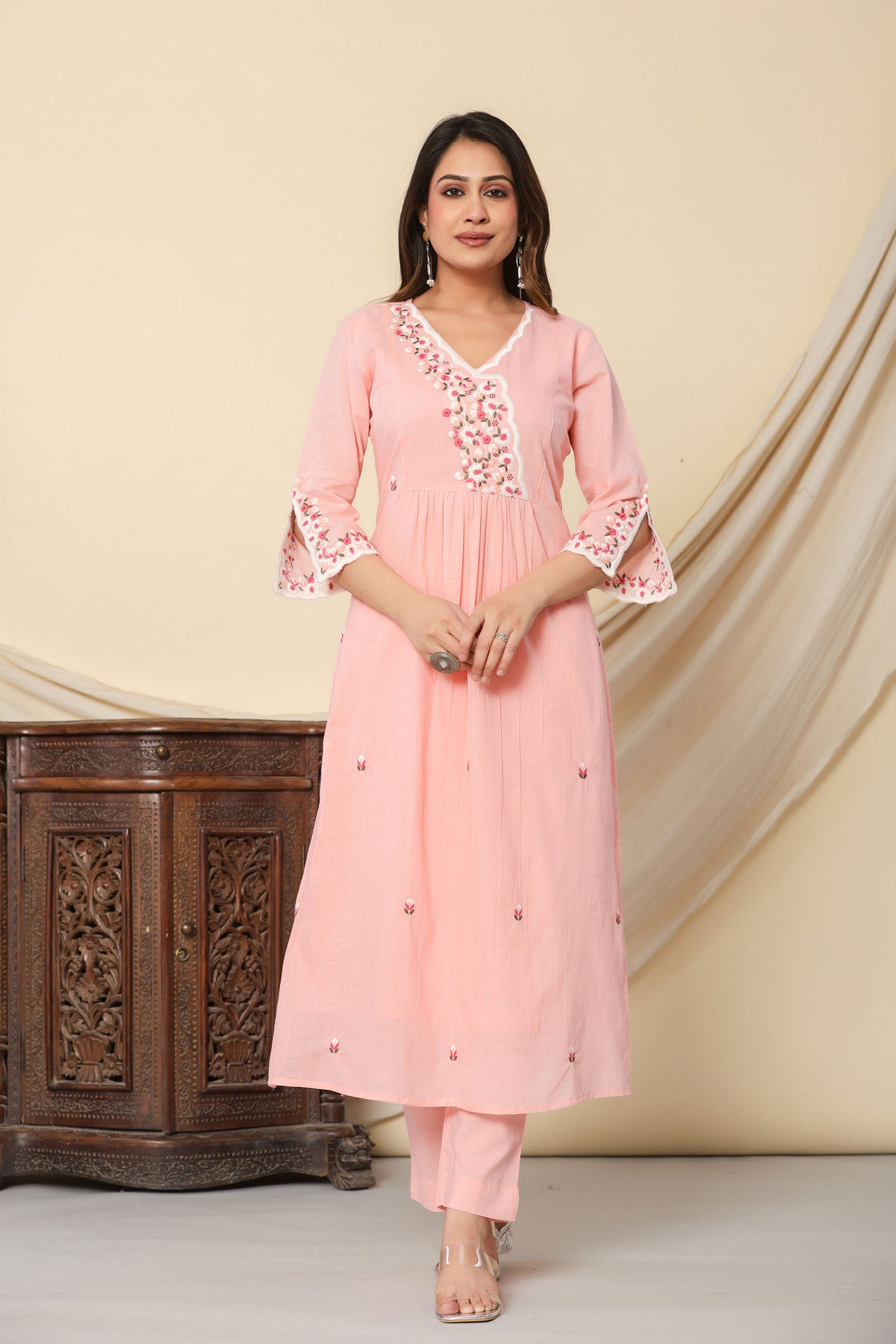 kurti set for women thread work cotton in peach