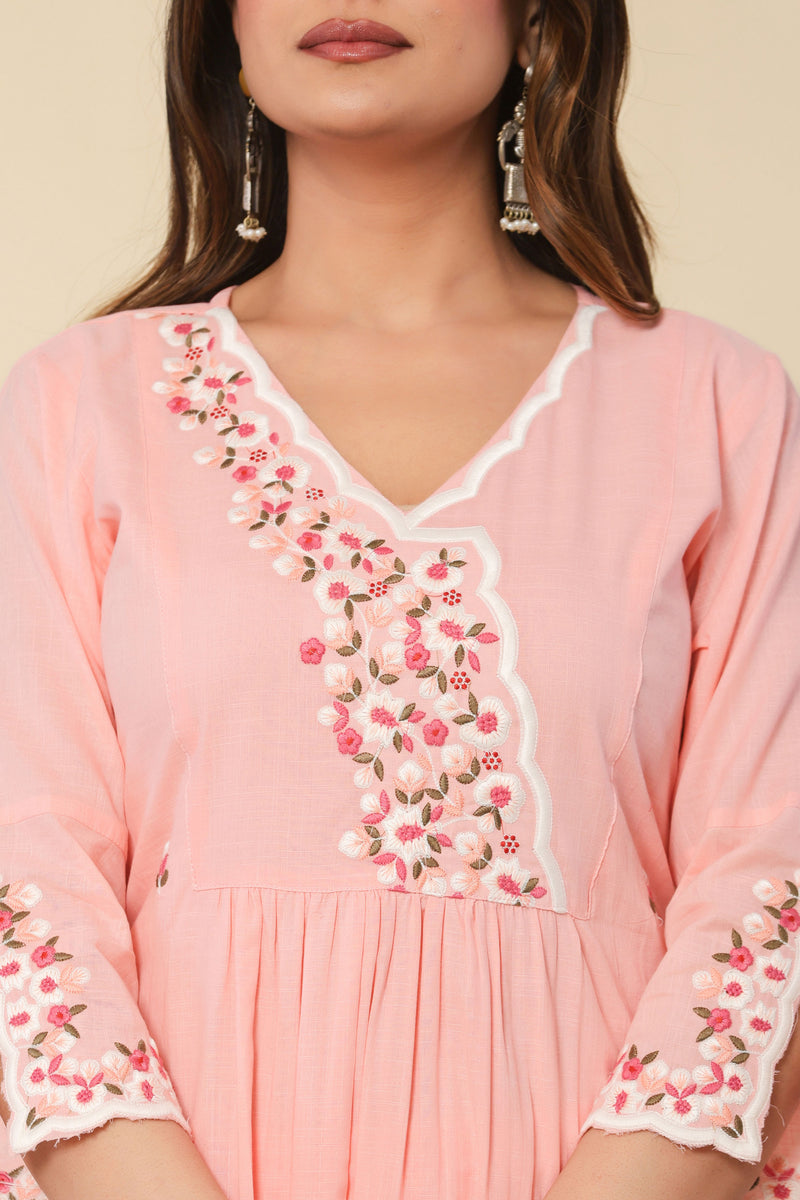 kurti set for women thread work cotton in peach