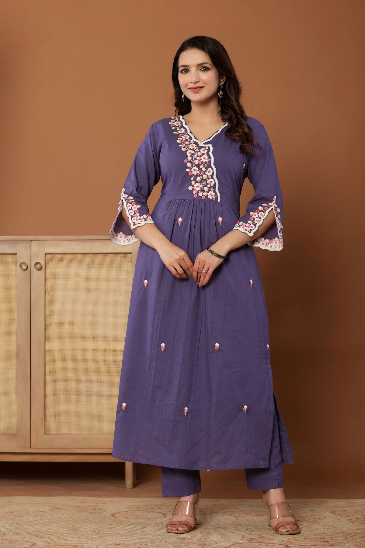kurti set for women in purple thread work