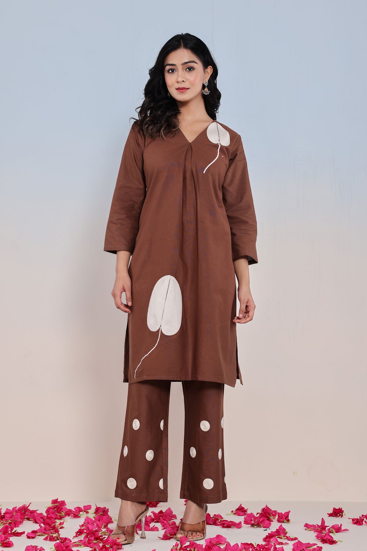 kurti set for women in brown thread work
