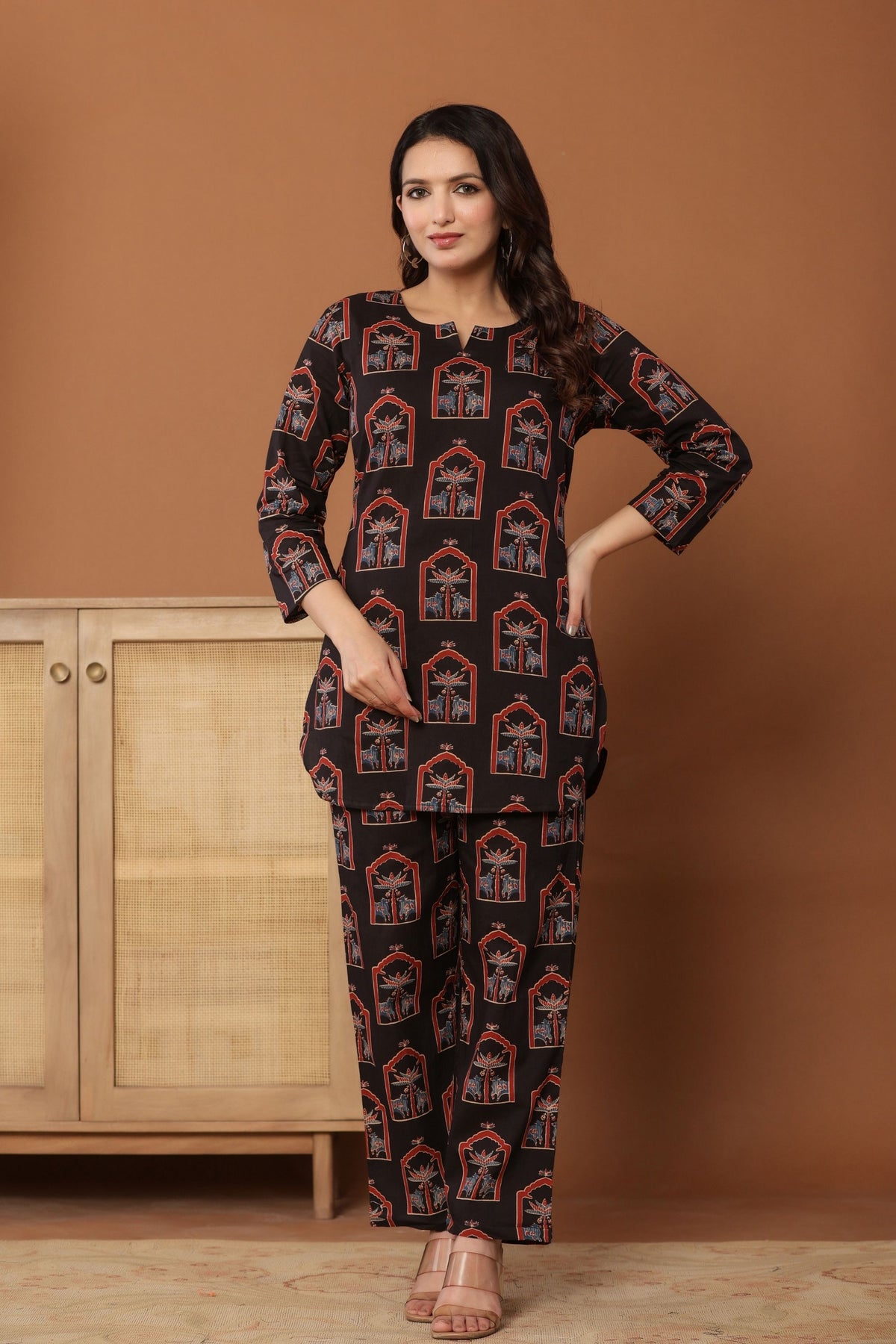 Black Cotton Printed Straight Cut Co-Ord Set