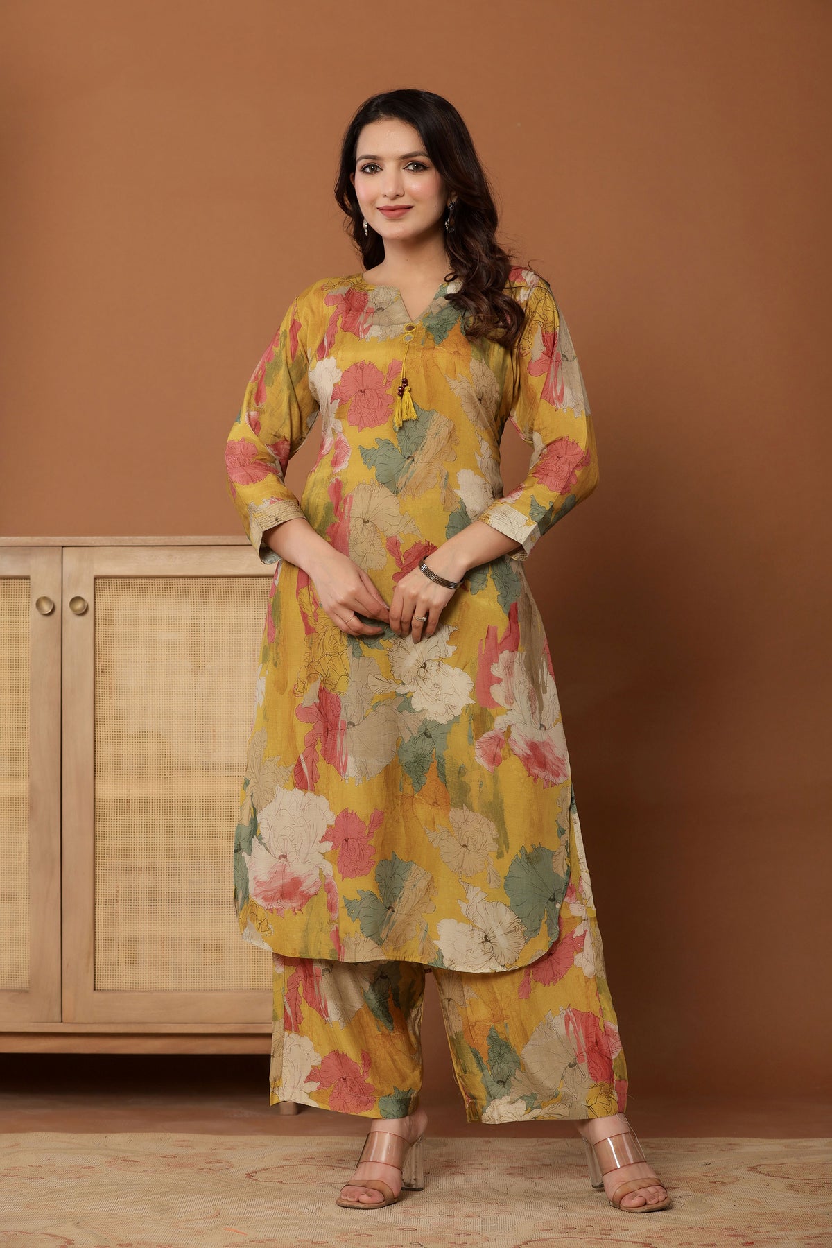 kurti set for women in mustard printed