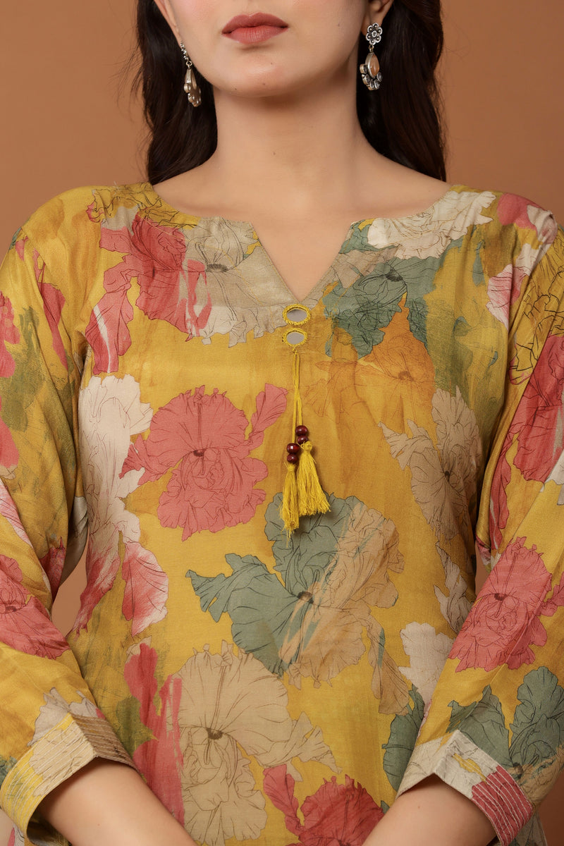 kurti set for women in mustard printed