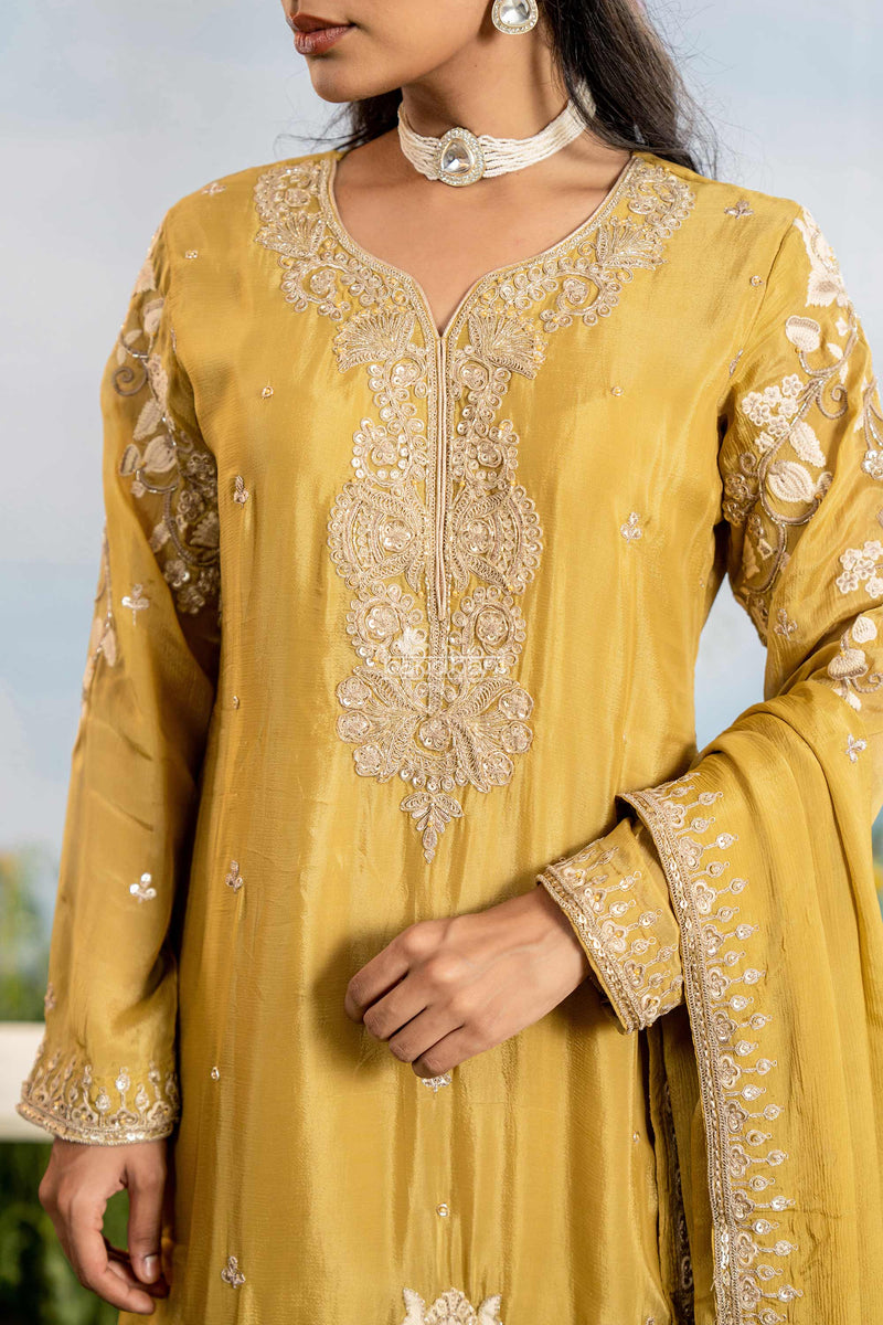 Yellow embroidered traditional outfit with intricate designs on a blurred natural background