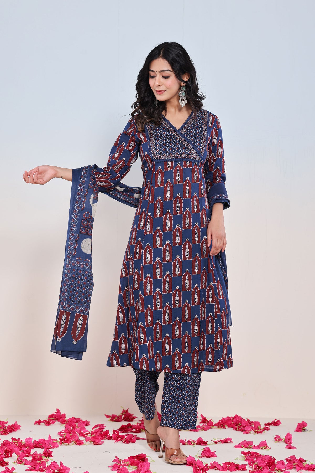kurti set for women angrakha block print in blue