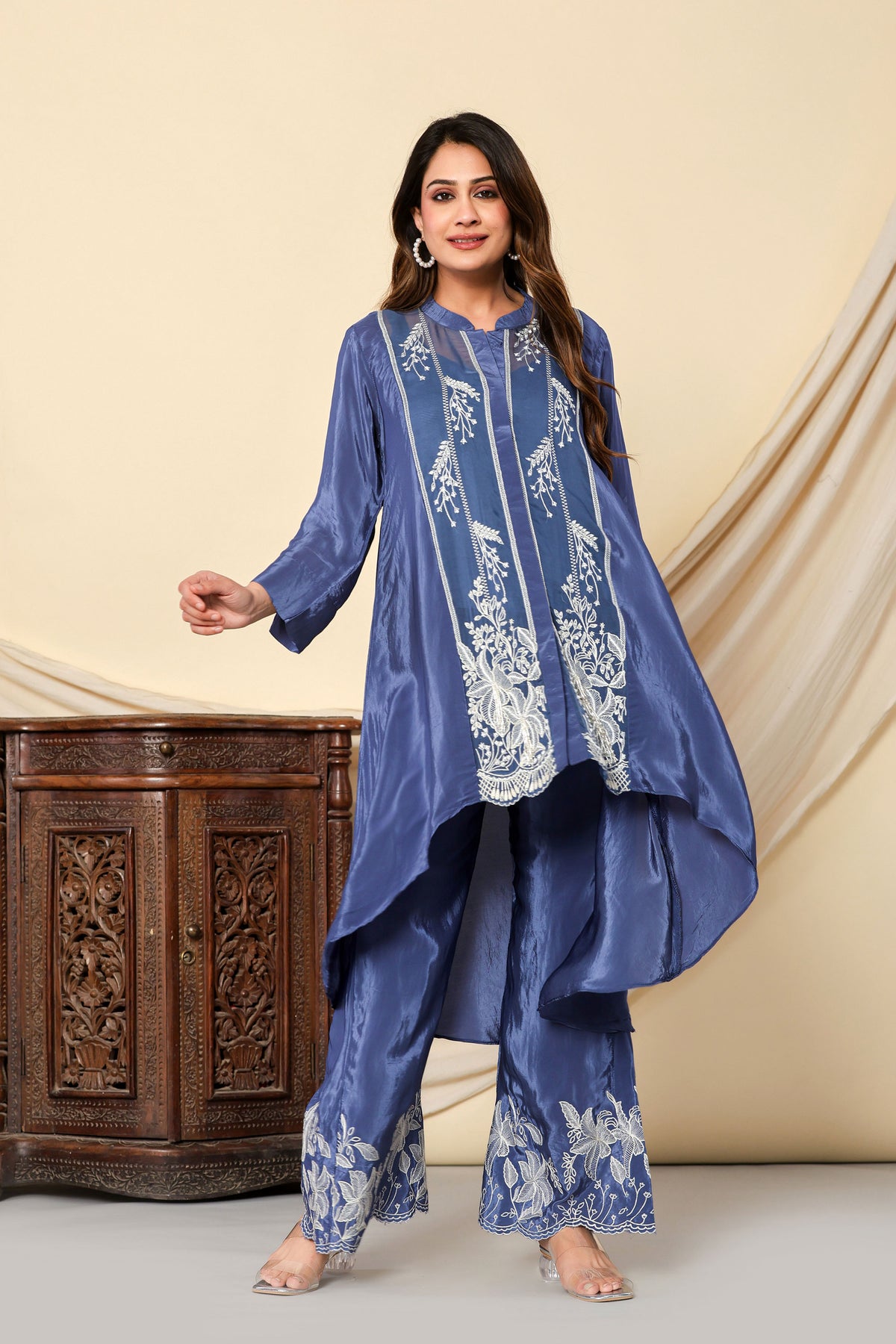 Blue Crepe Straight Cut Thread Work Co-Ord Set