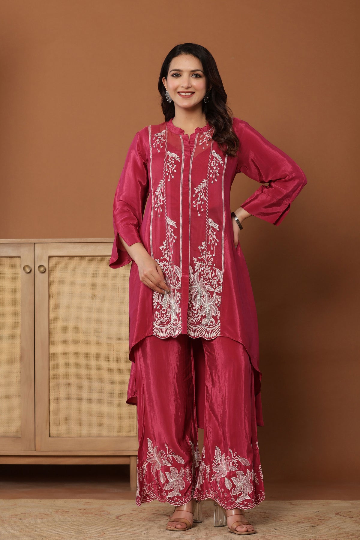 Dark Pink Crepe Fabric with Kardana Work Co-Ord Set