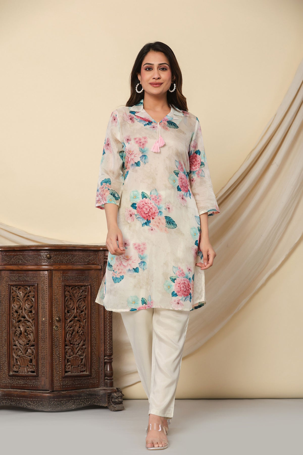 Cream Muslin Printed Straight Cut Co-Ord Set