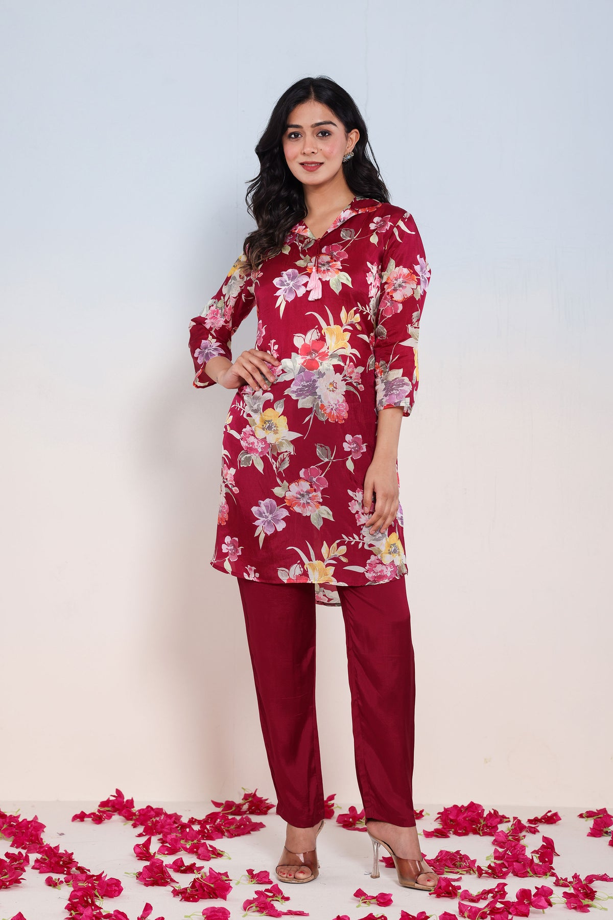co-ord set for women muslin printed in maroon