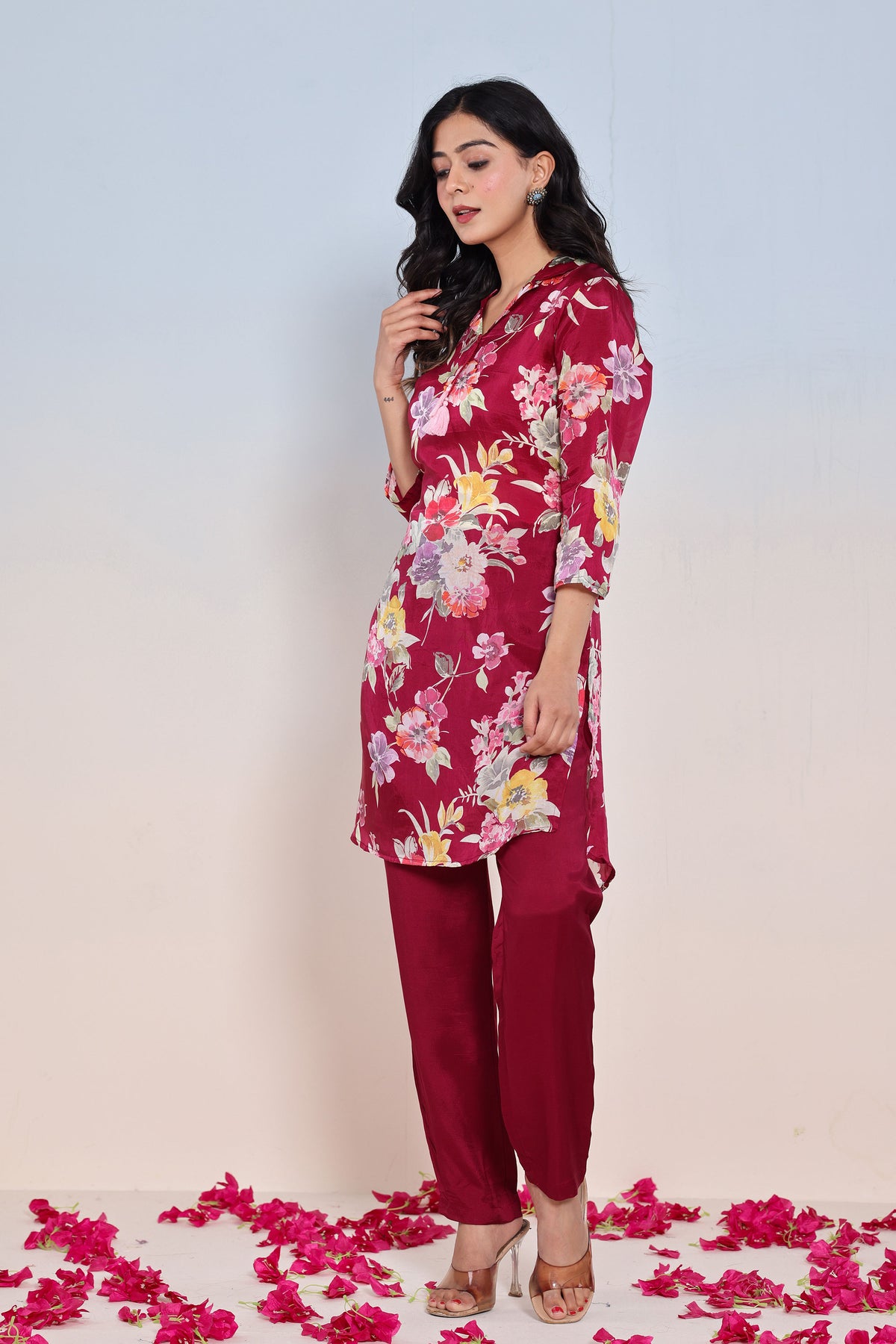co-ord set for women muslin printed in maroon