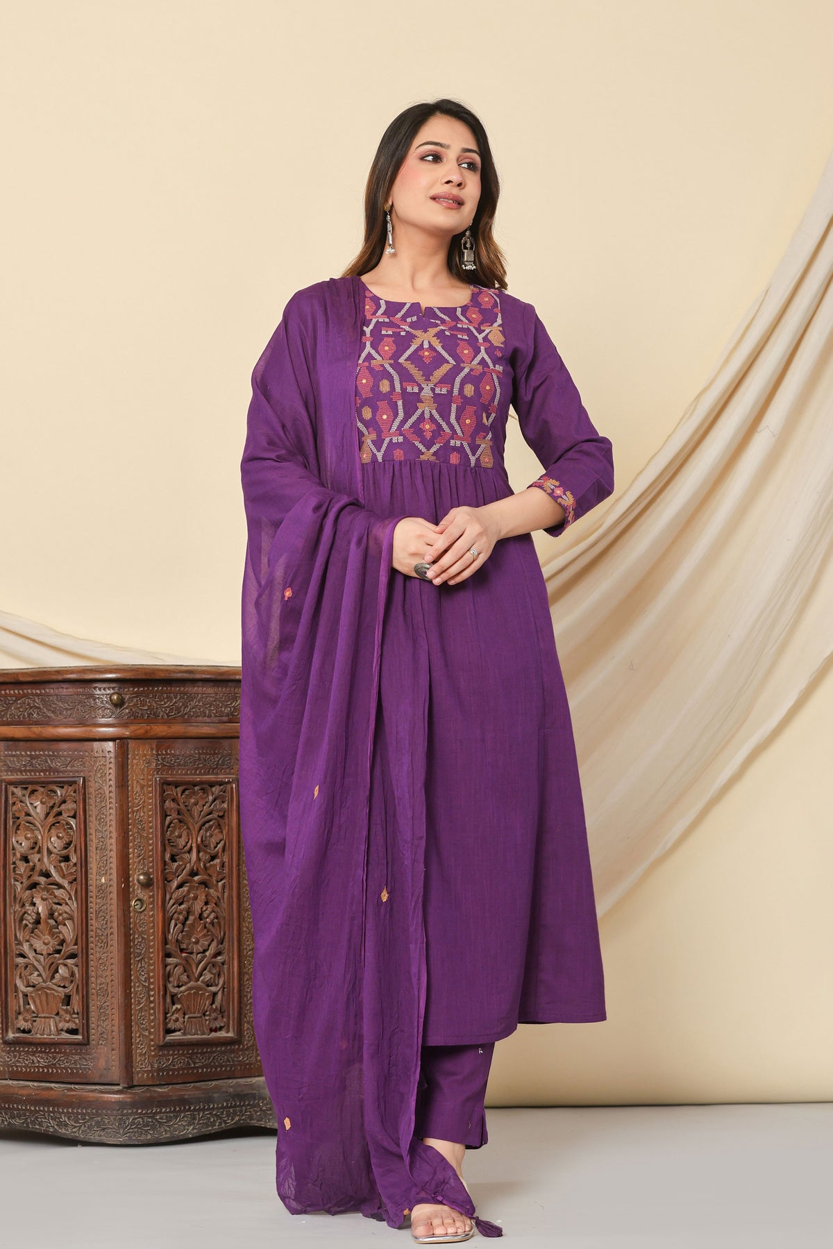 kurti set for women thread work in wine