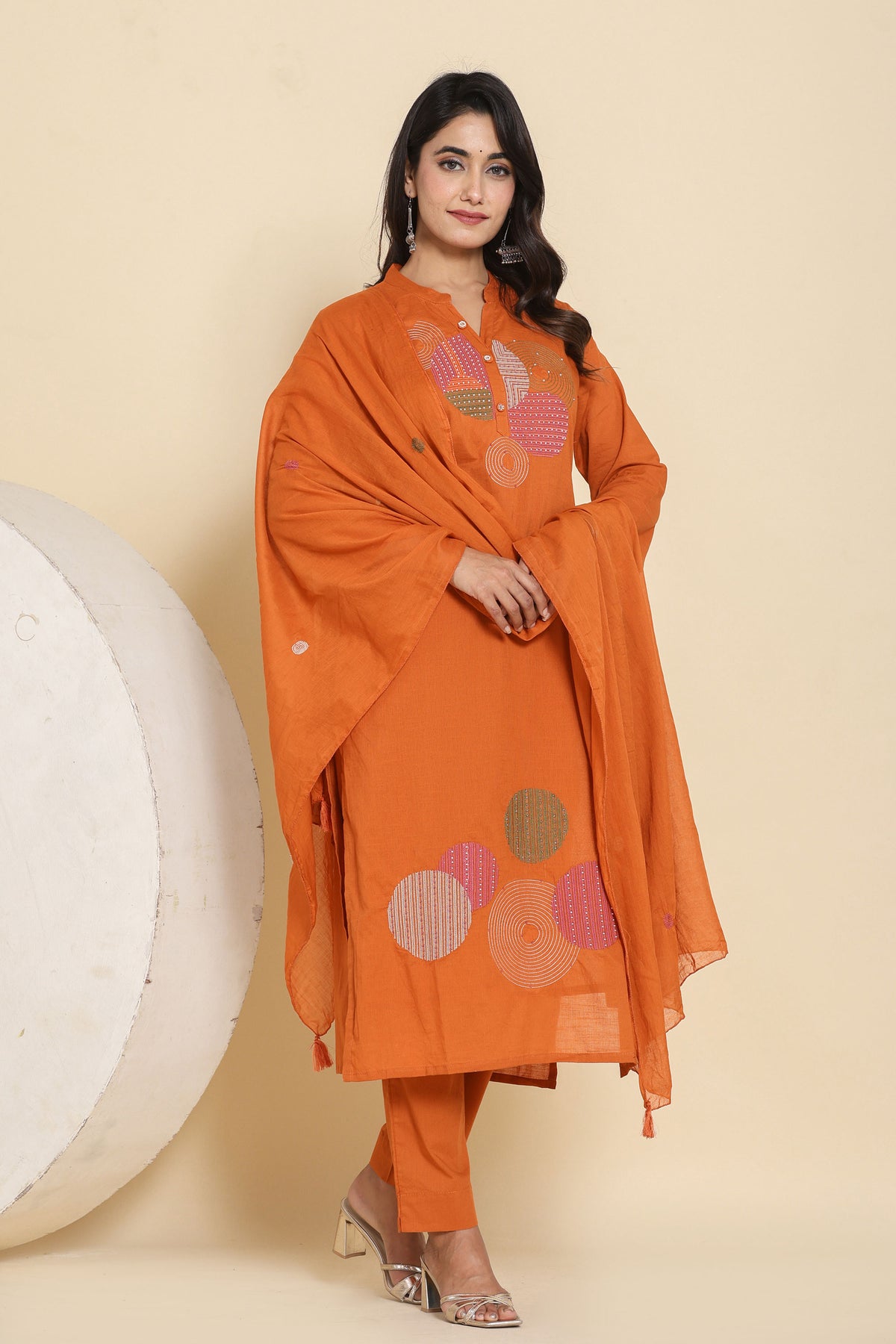 Orange Cotton Three-Piece Kurti Set with Thread Work