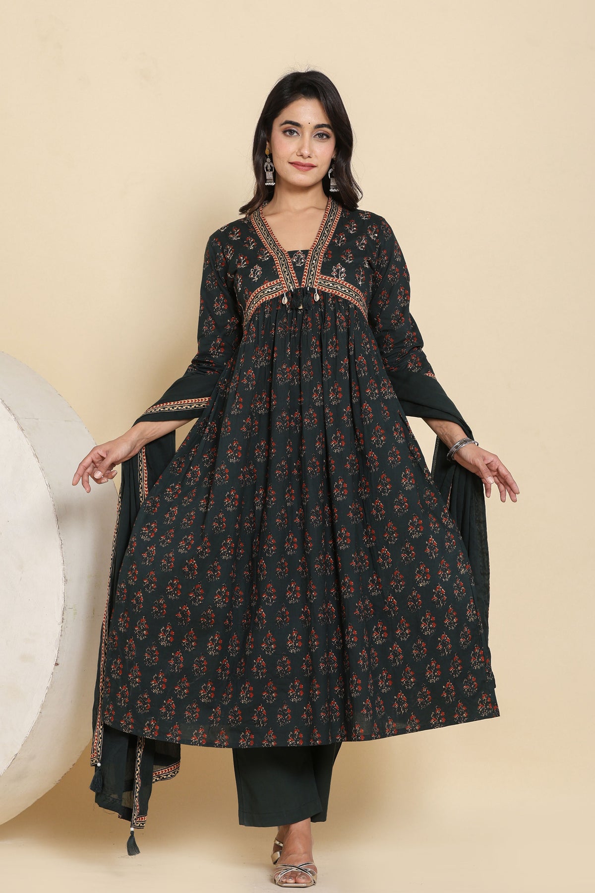 anarkali dress for women block print in dark green