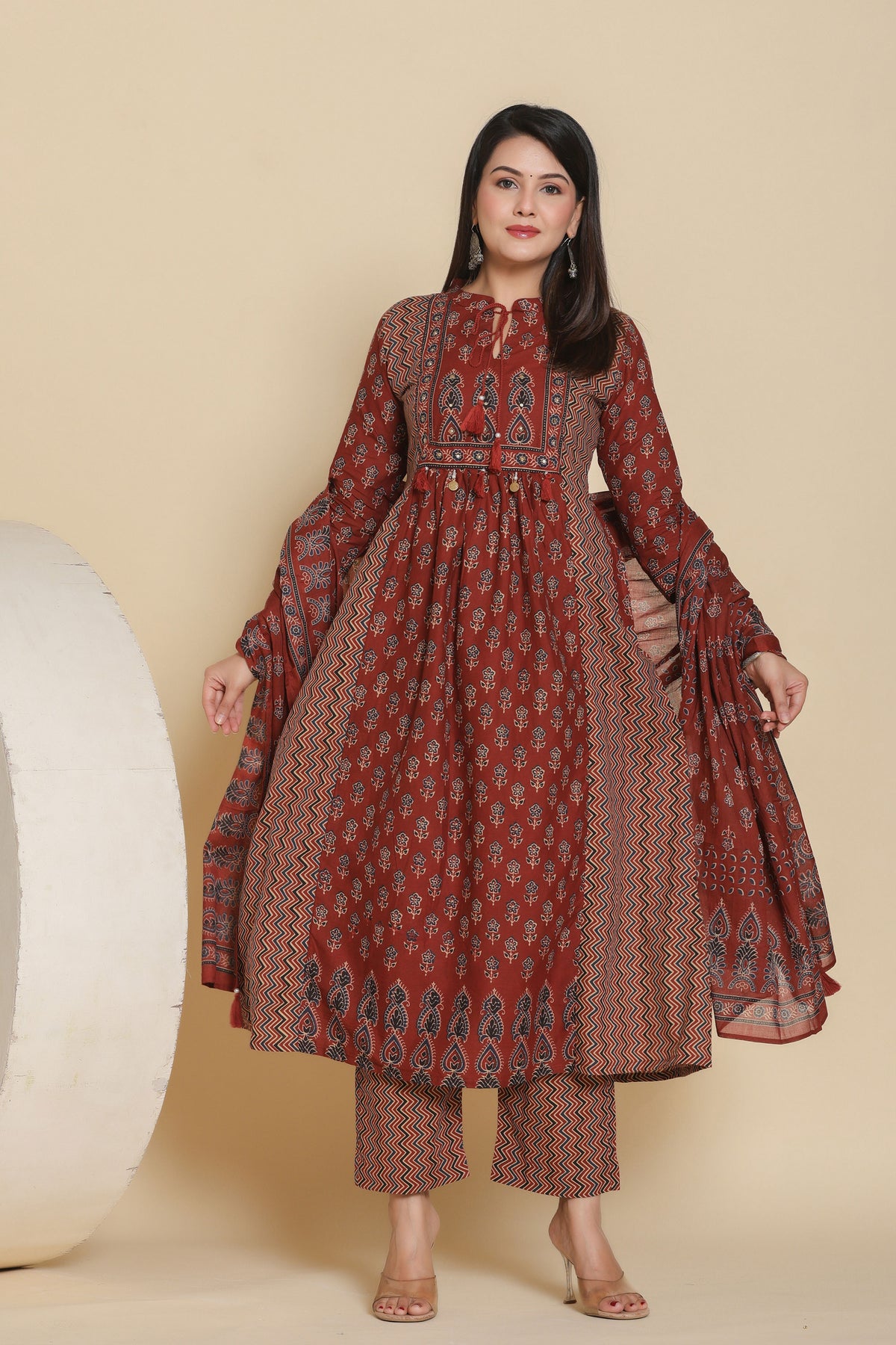 anarkali dress for women print in cotton maroon